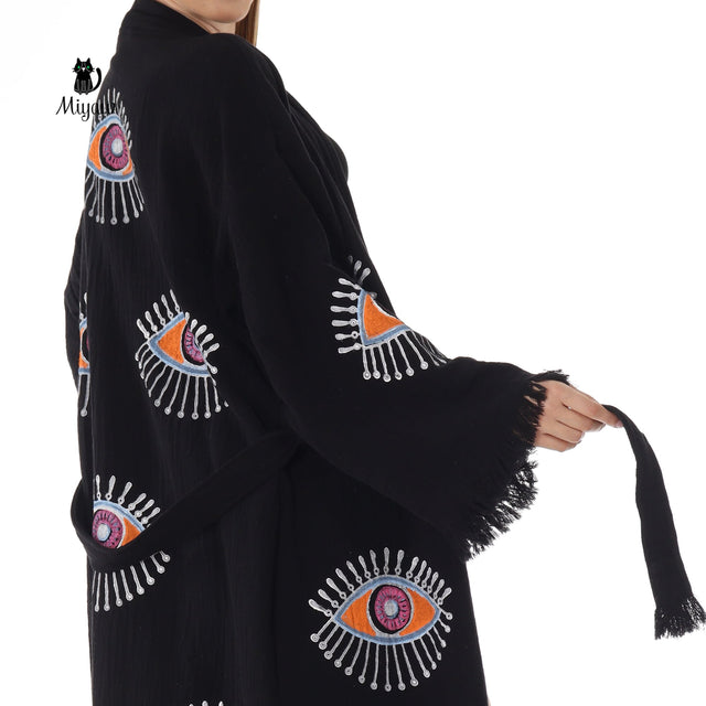 Handmade Evil Eye Stamped Kimono Robe in Black