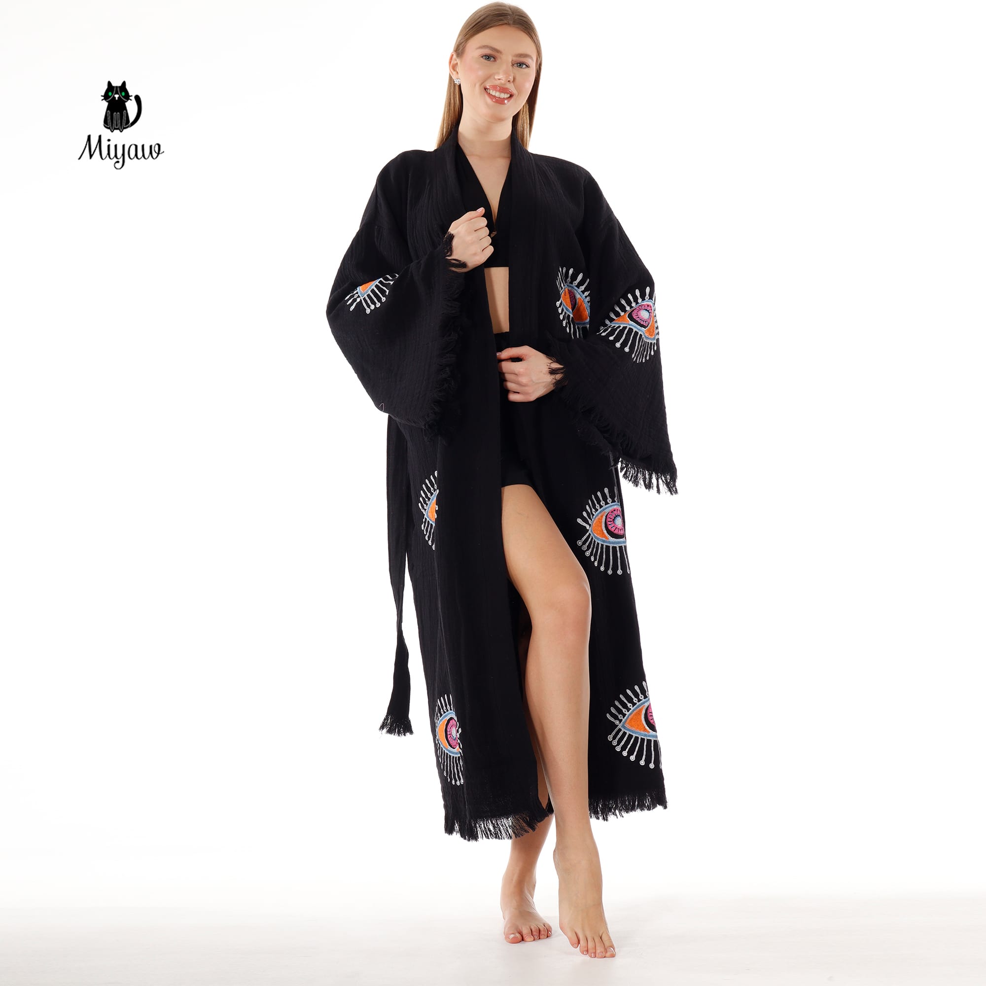 Handmade Evil Eye Stamped Kimono Robe in Black
