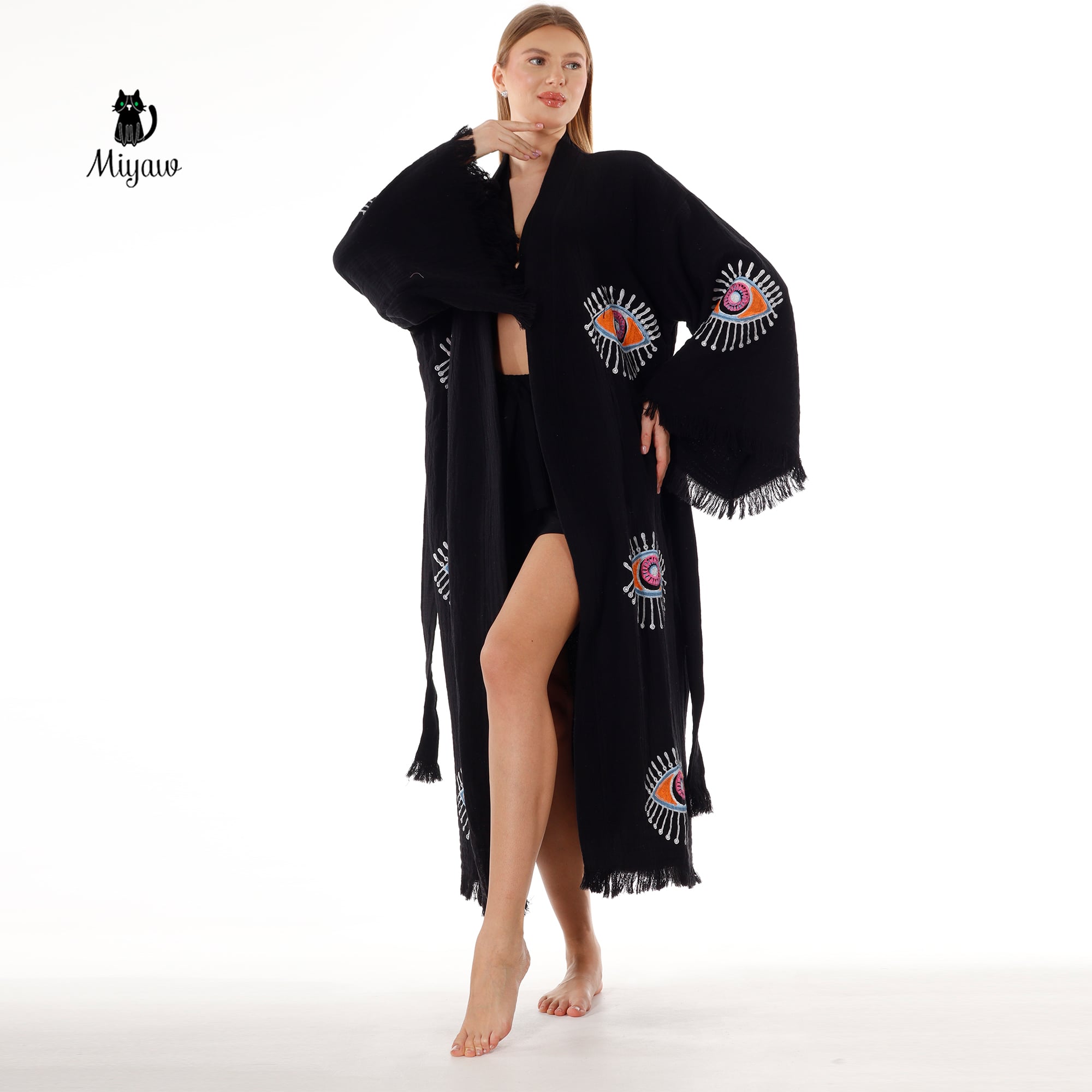 Handmade Evil Eye Stamped Kimono Robe in Black