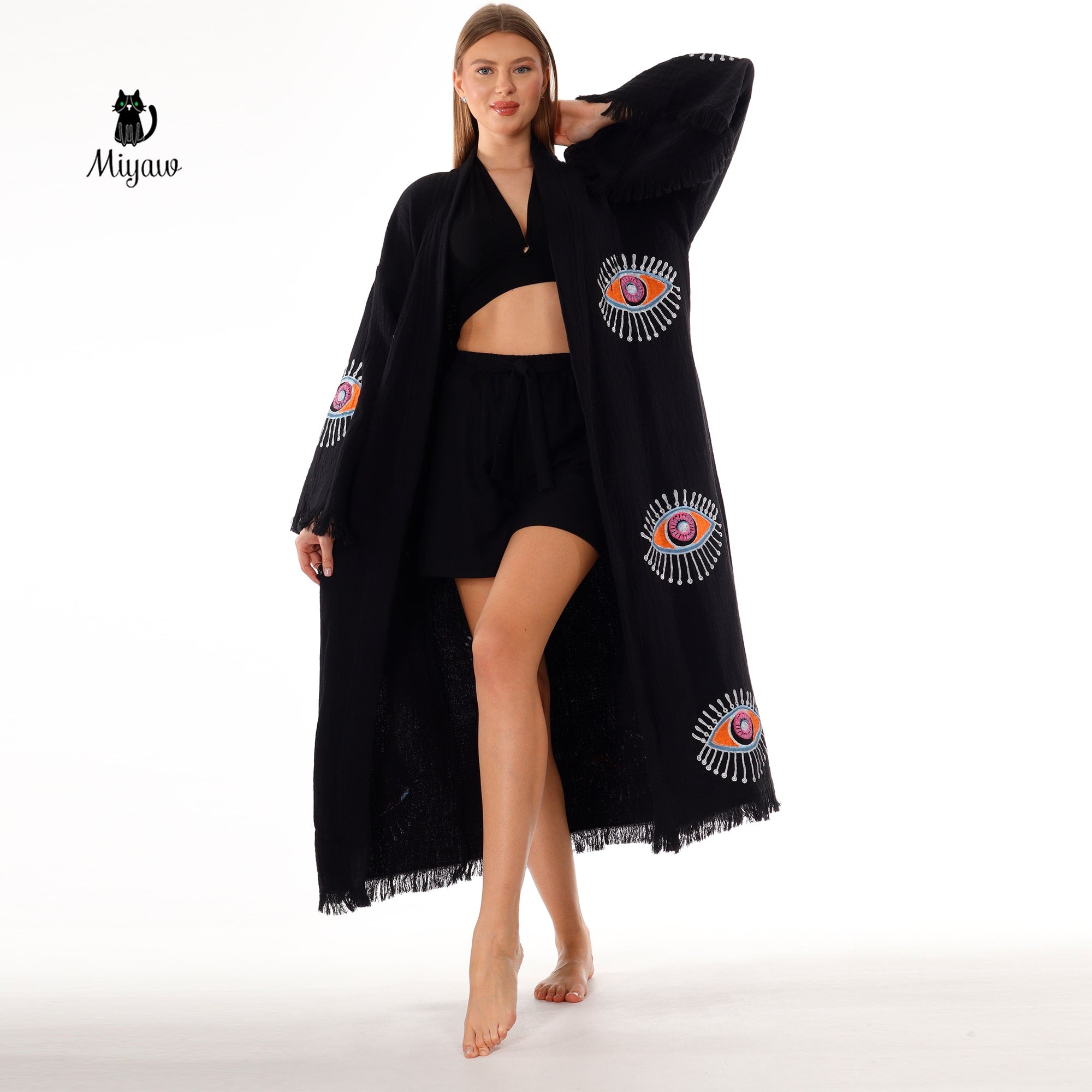 Handmade Evil Eye Stamped Kimono Robe in Black