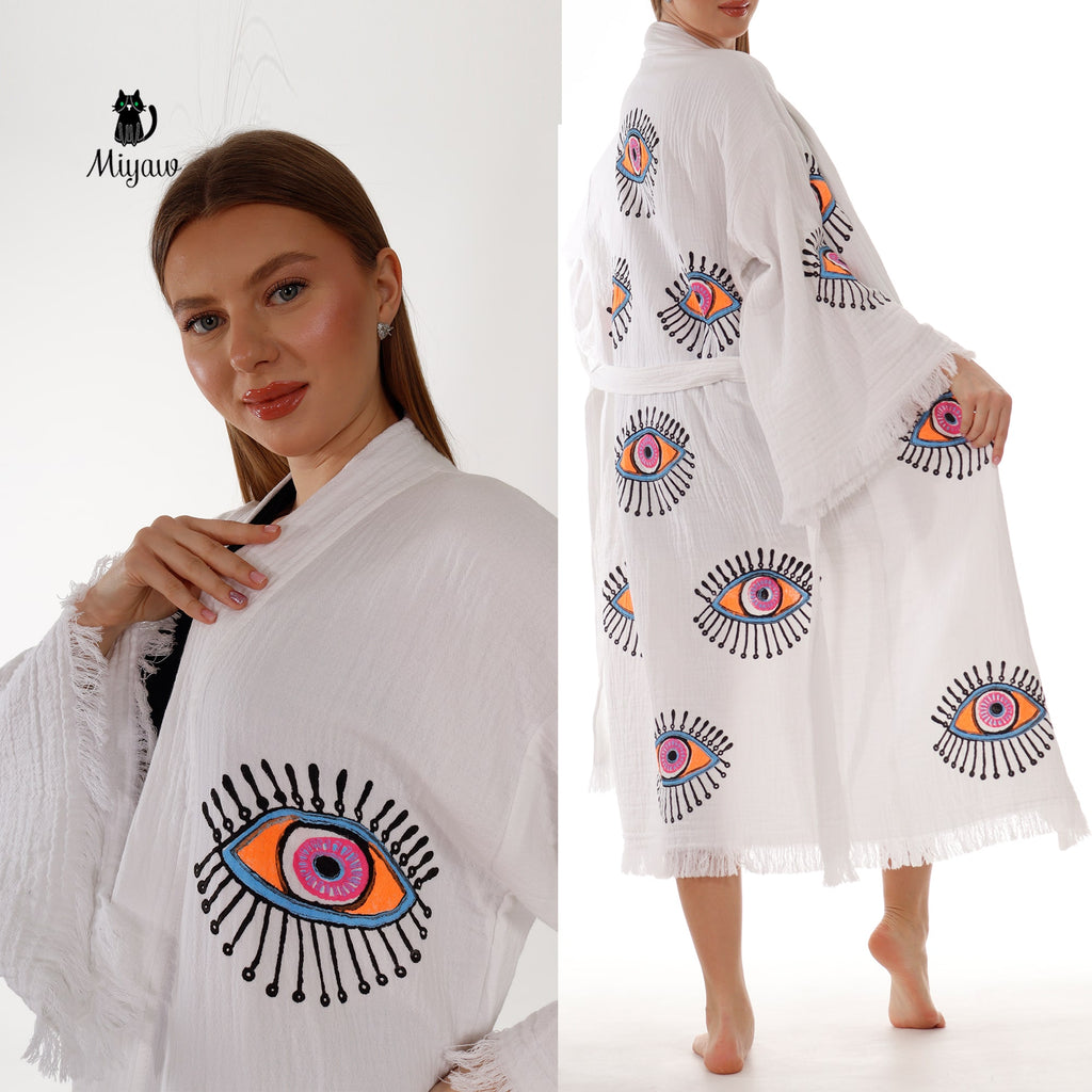 Handcrafted Eye Stamped Kimono Robe in White