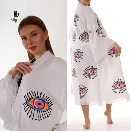 Handcrafted Eye Stamped Kimono Robe in White Miyawfashion