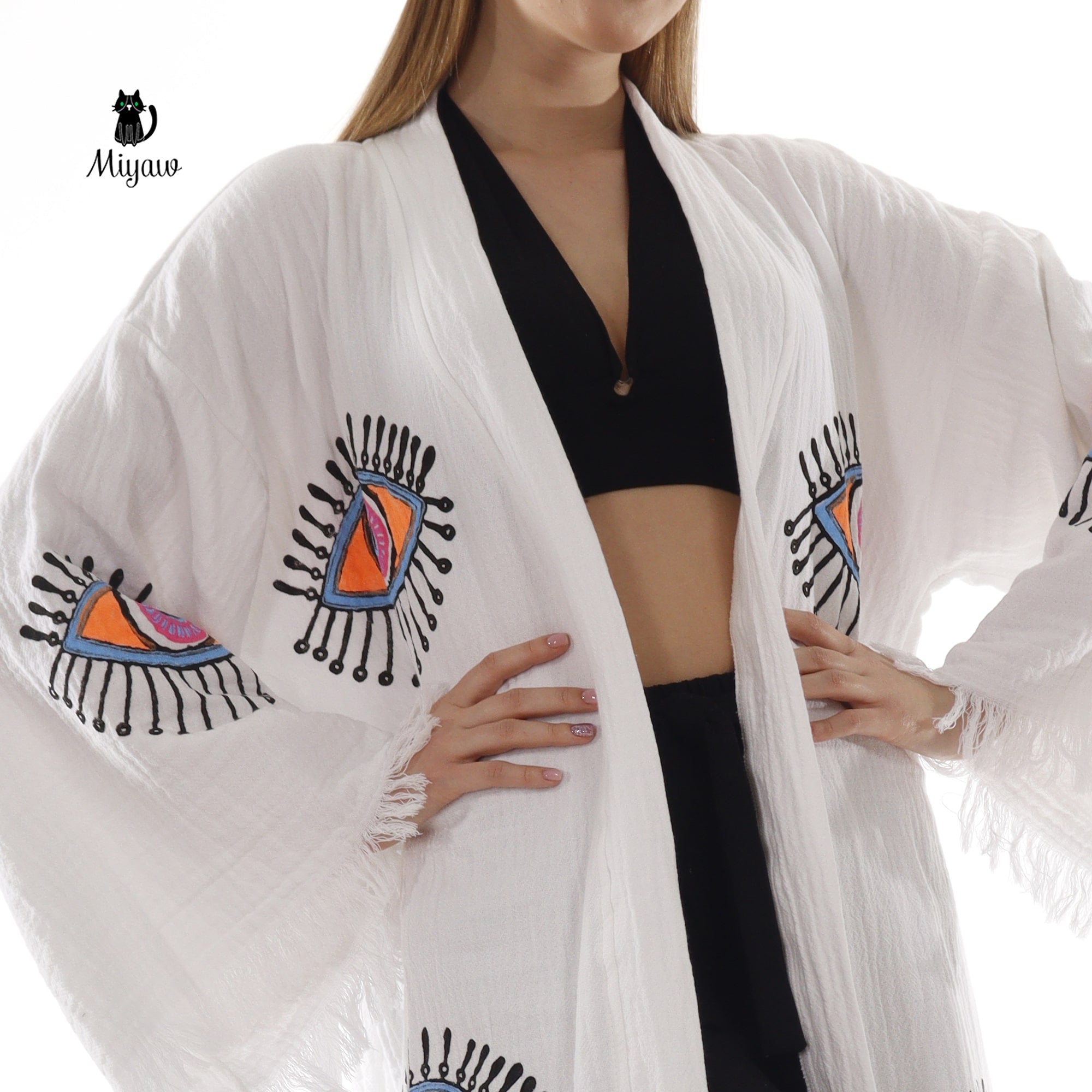 Handcrafted Eye Stamped Kimono Robe in White