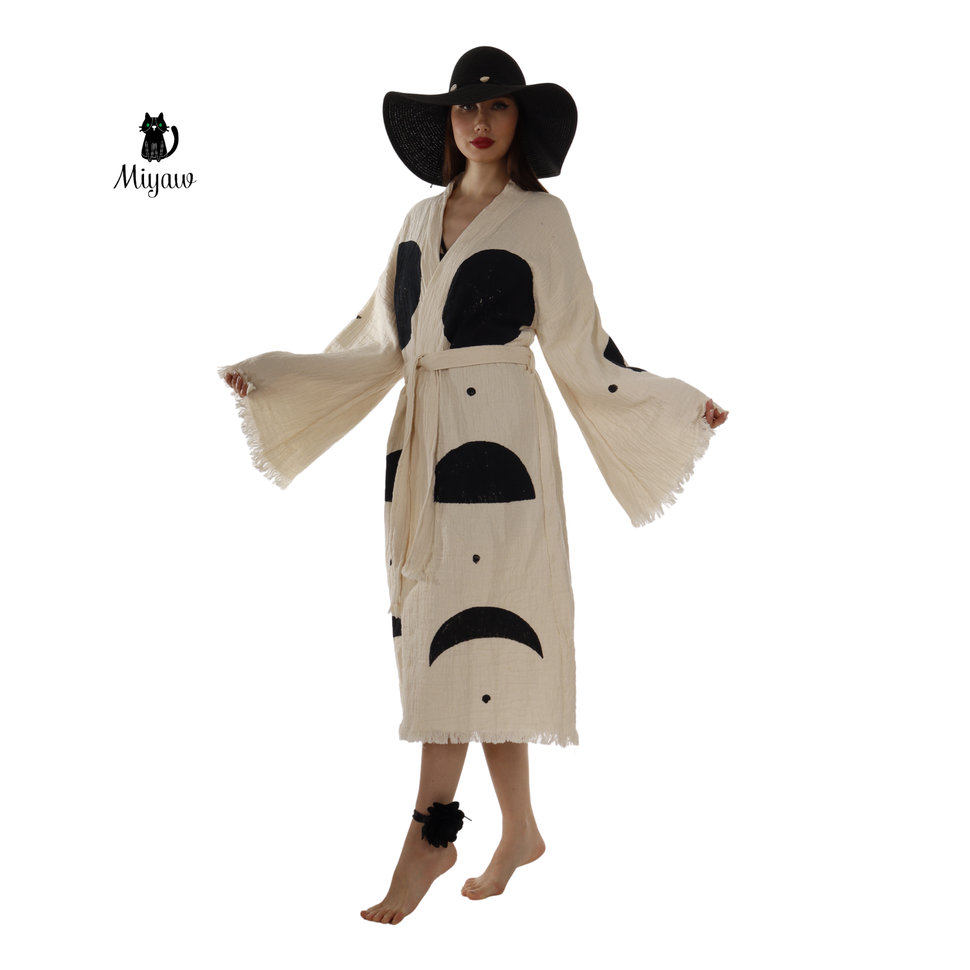 Natural Organic Cotton Kimono Robe with Black Circles