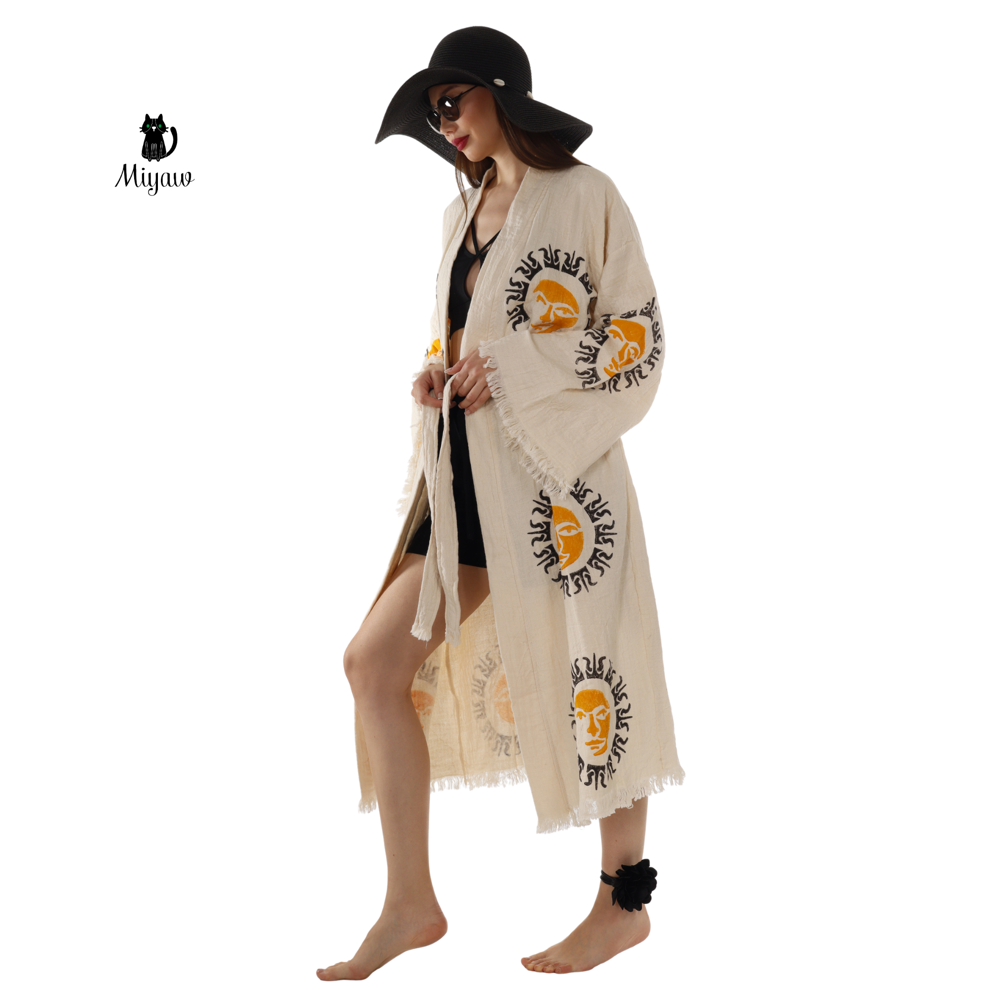 Boho Aztec Sun Kimono Robe – Organic Cotton Natural
