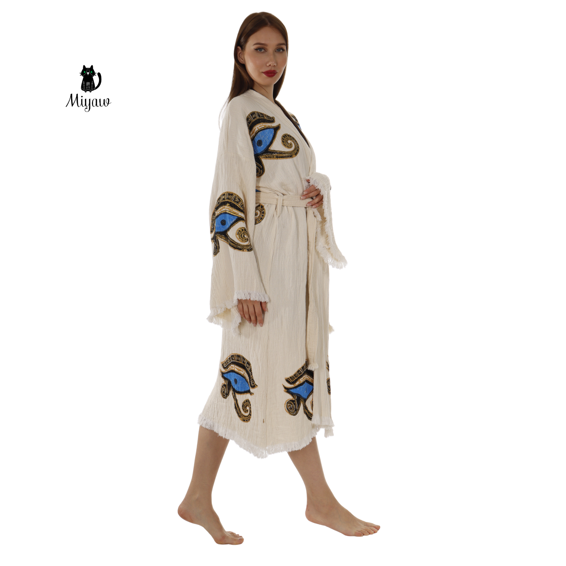 Handcrafted Eye of Horus Kimono Robe – Organic Cotton Boho Style in Beige