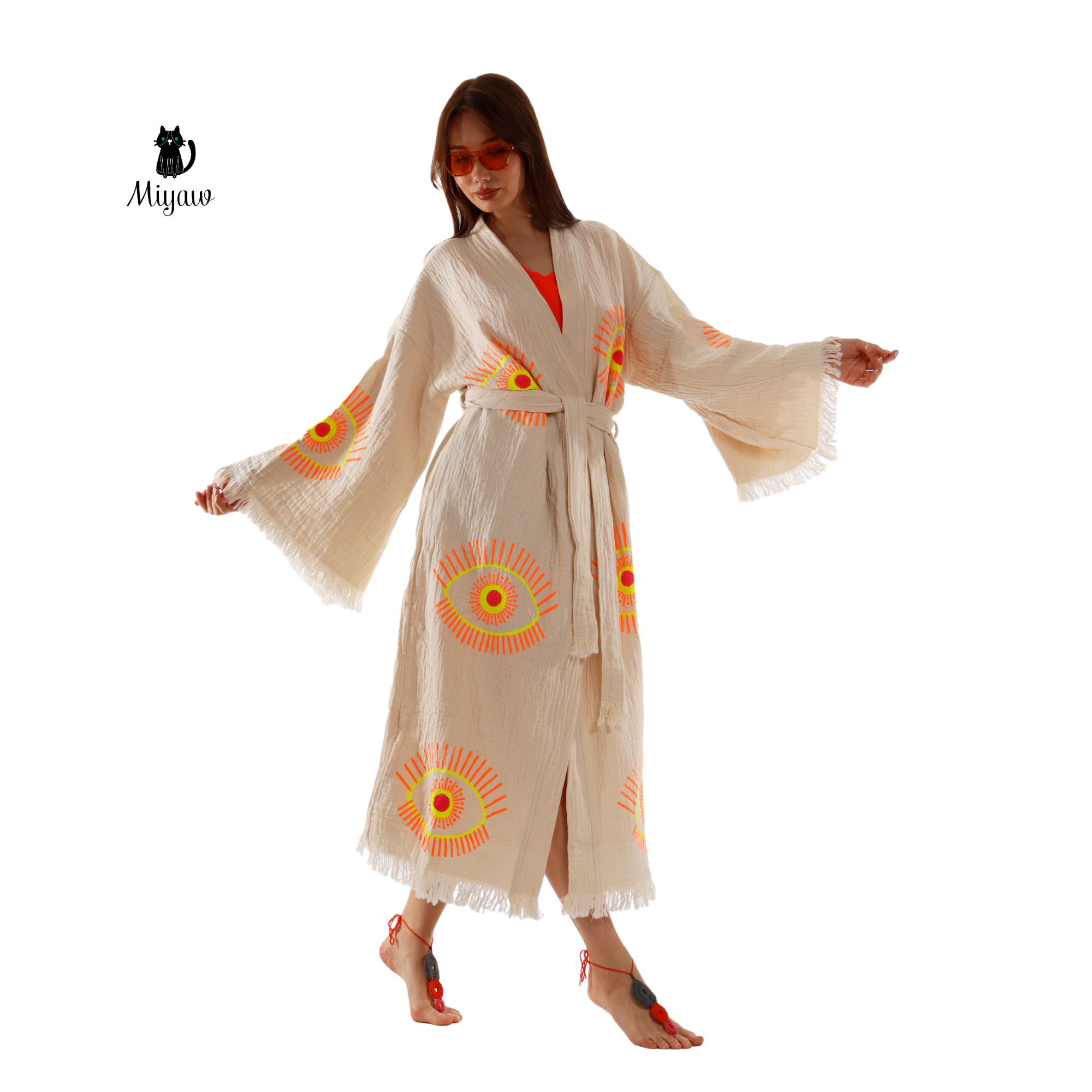 Beige Evil Eye Kimono Robe – Organic Cotton Boho Style