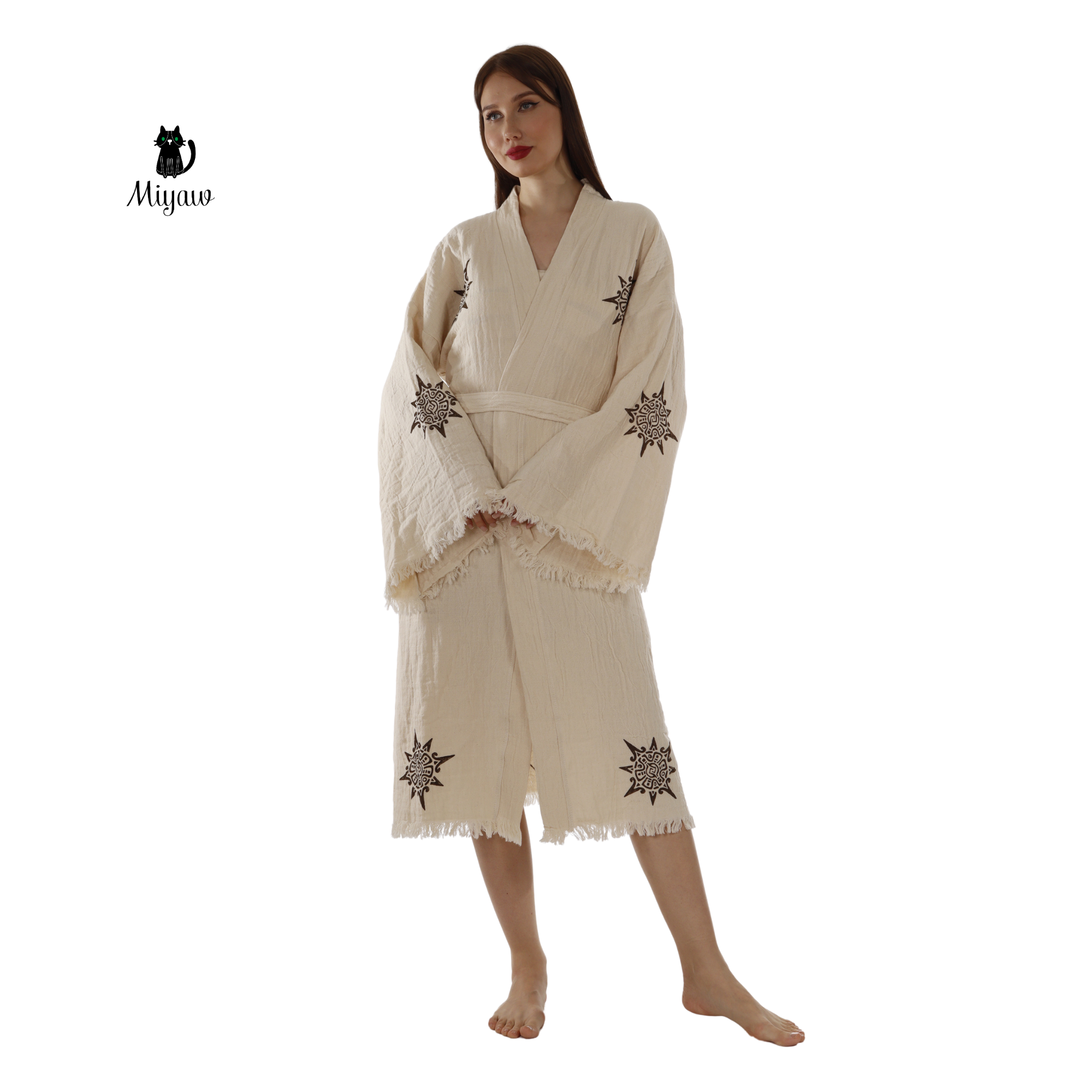 Aztec Robe Organic Cotton Aztec Kimono Robe – Boho Beige Cover-Up