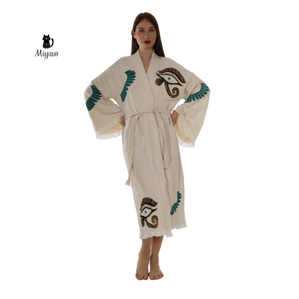 Boho Eye & Wing of Horus Kimono Robe – Organic Cotton