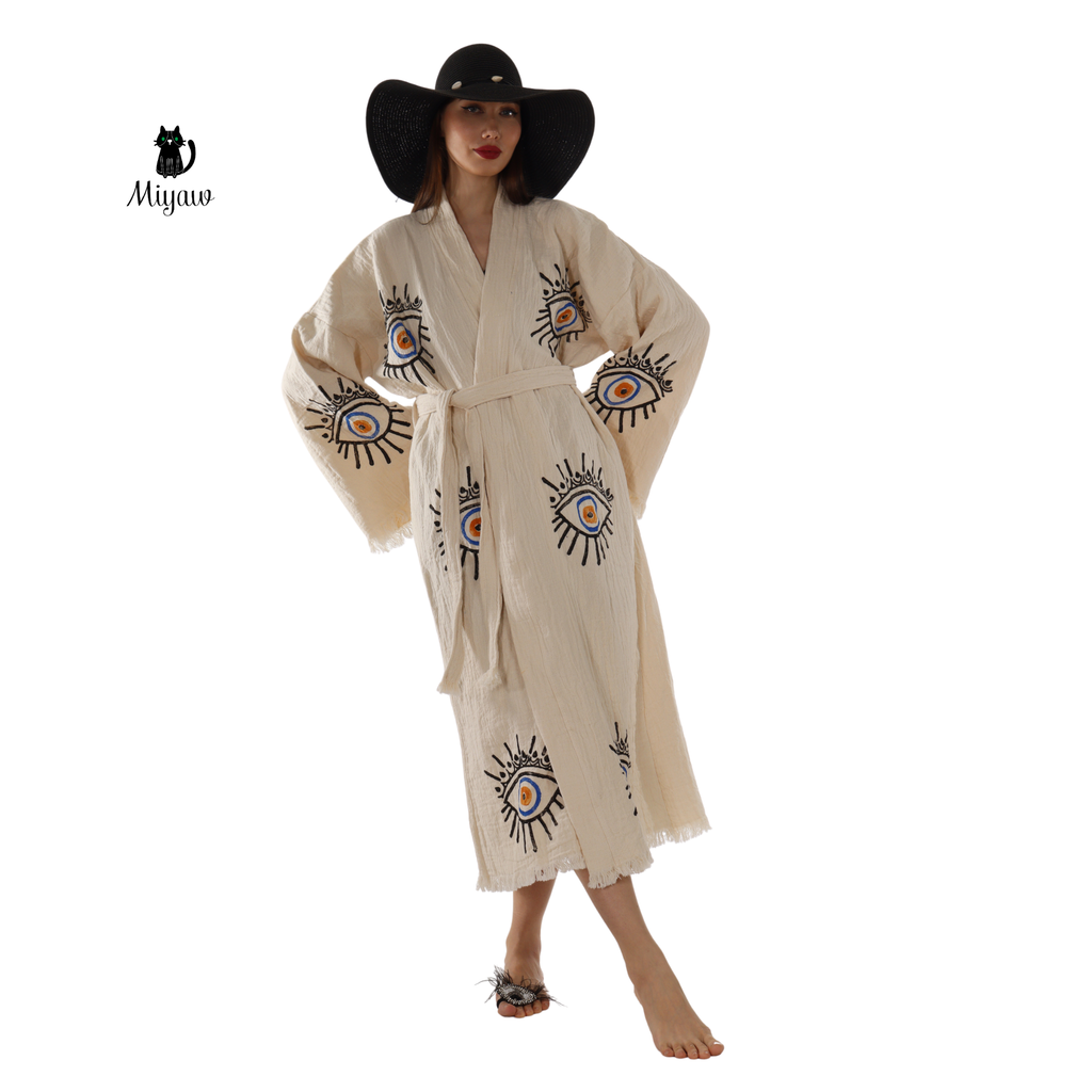 Handmade Beige Evil Eye Kimono Robe – Cotton Boho Wear