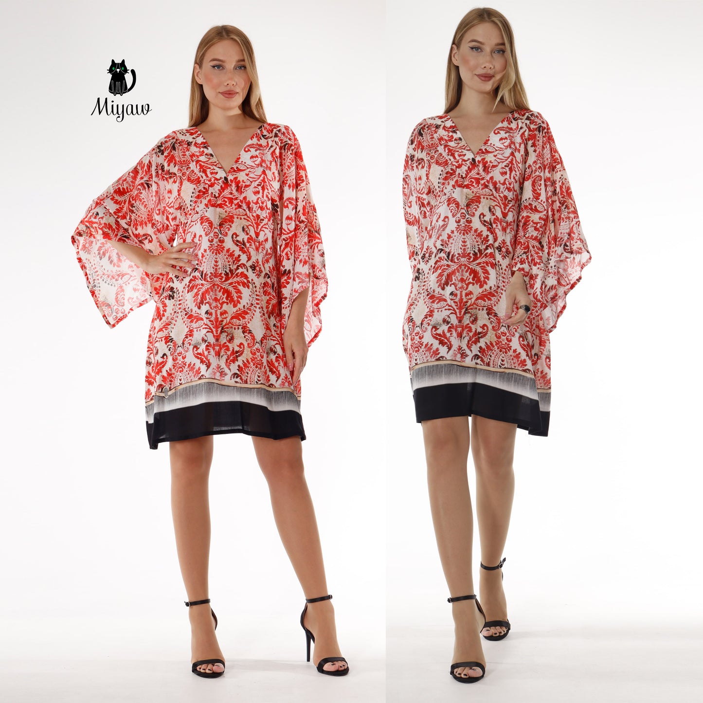 Red Abstract Print Mini Dress | 3/4 Sleeve Resort Wear - Miyawfashion Miyawfashion