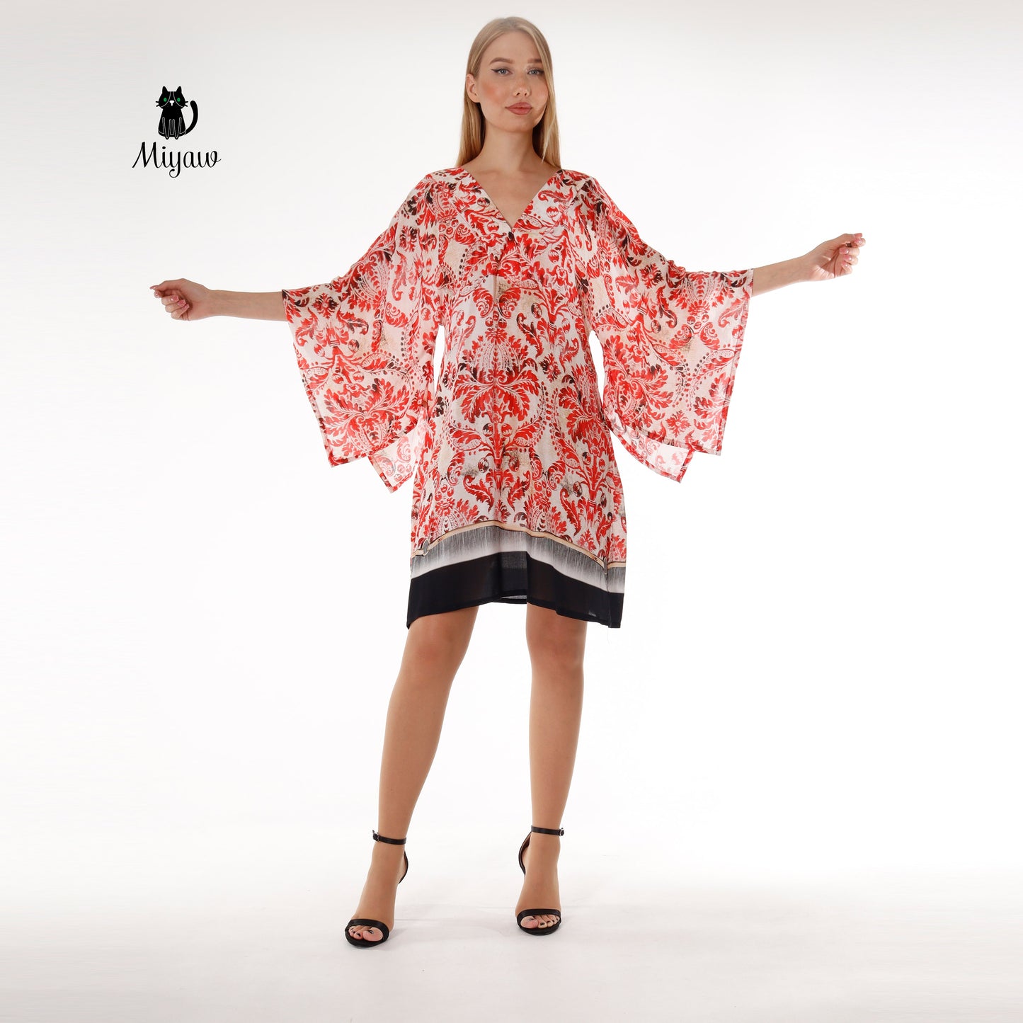 Red Abstract Print Mini Dress | 3/4 Sleeve Resort Wear - Miyawfashion Miyawfashion