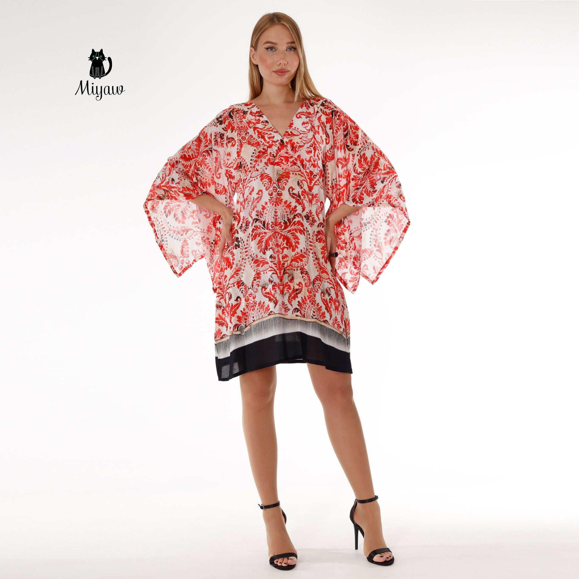 Red Abstract Print Mini Dress | 3/4 Sleeve Resort Wear - Miyawfashion