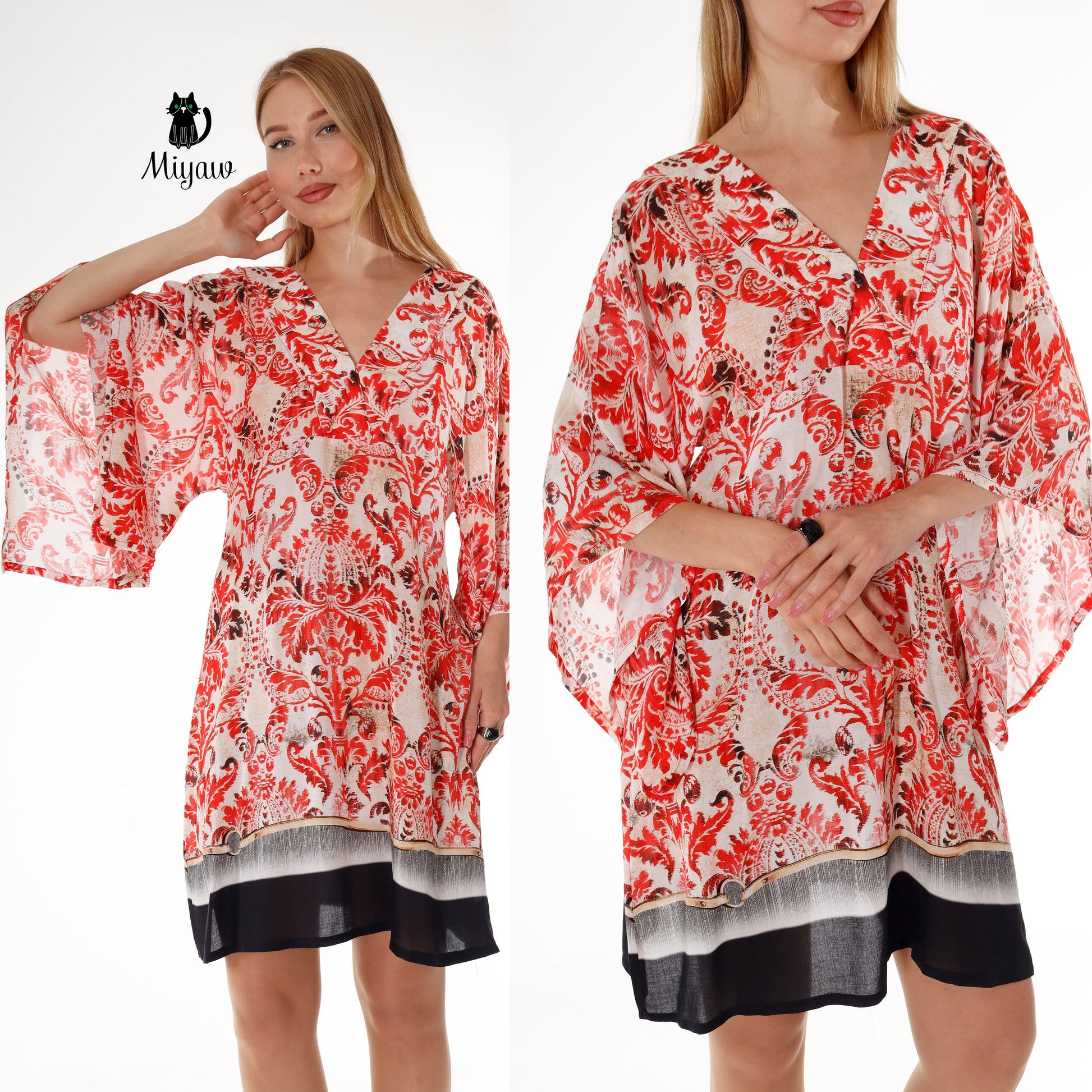 Red Abstract Print Mini Dress | 3/4 Sleeve Resort Wear - Miyawfashion