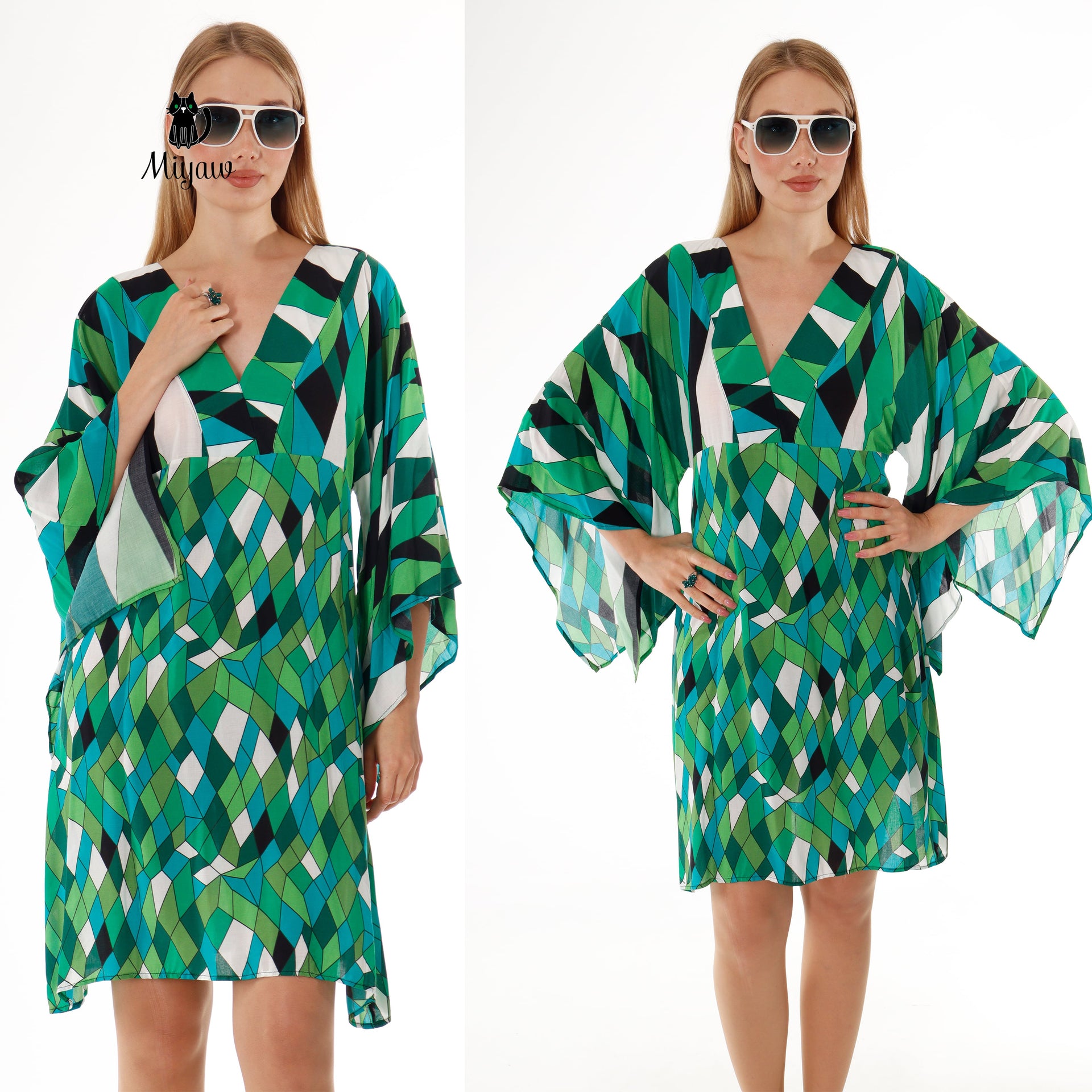 Stylish Resort Wear: Green Mini Dress with 3/4 Wide Sleeves - Miyawfashion