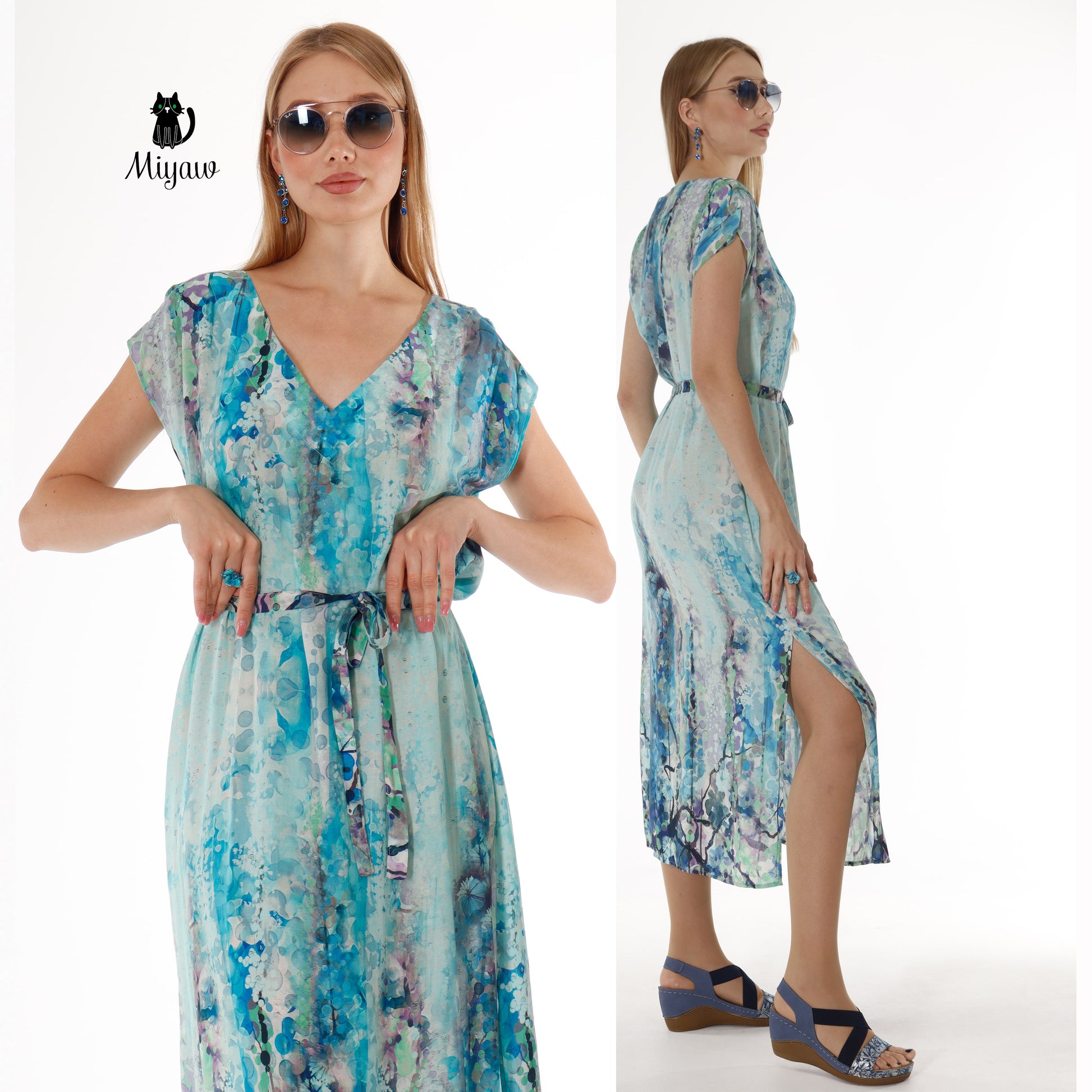 Blue Short Sleeve Maxi Dress with Belt - Abstract Print Summer Dress - Miyawfashion