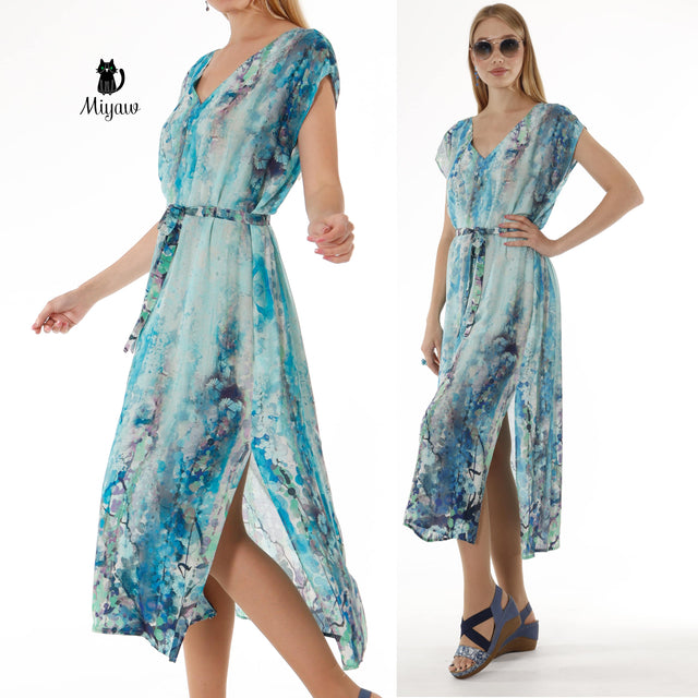 Blue Short Sleeve Maxi Dress with Belt - Abstract Print Summer Dress - Miyawfashion