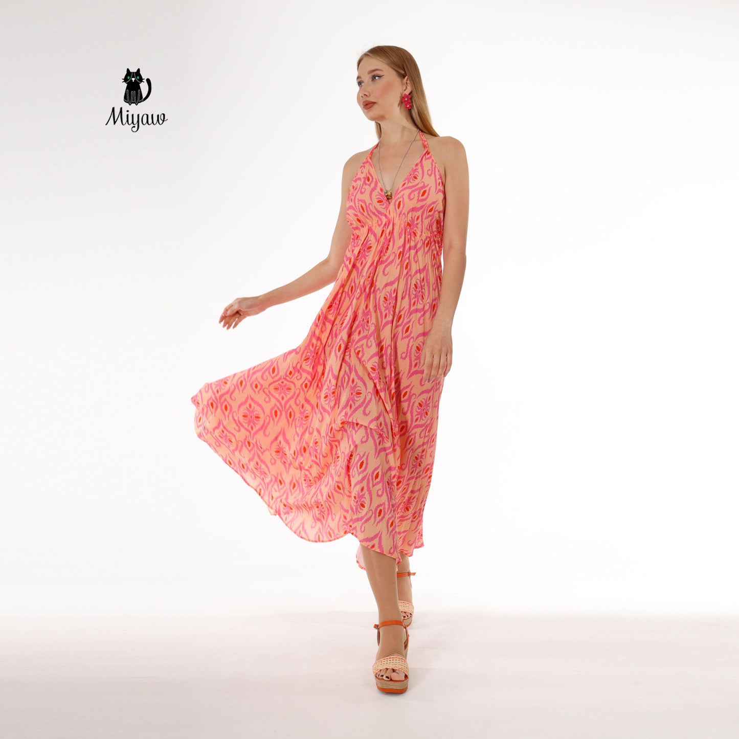 Elegant Orange Maxi Dress, Sleeveless Long Fit & Flare Dress - Miyawfashion Miyawfashion