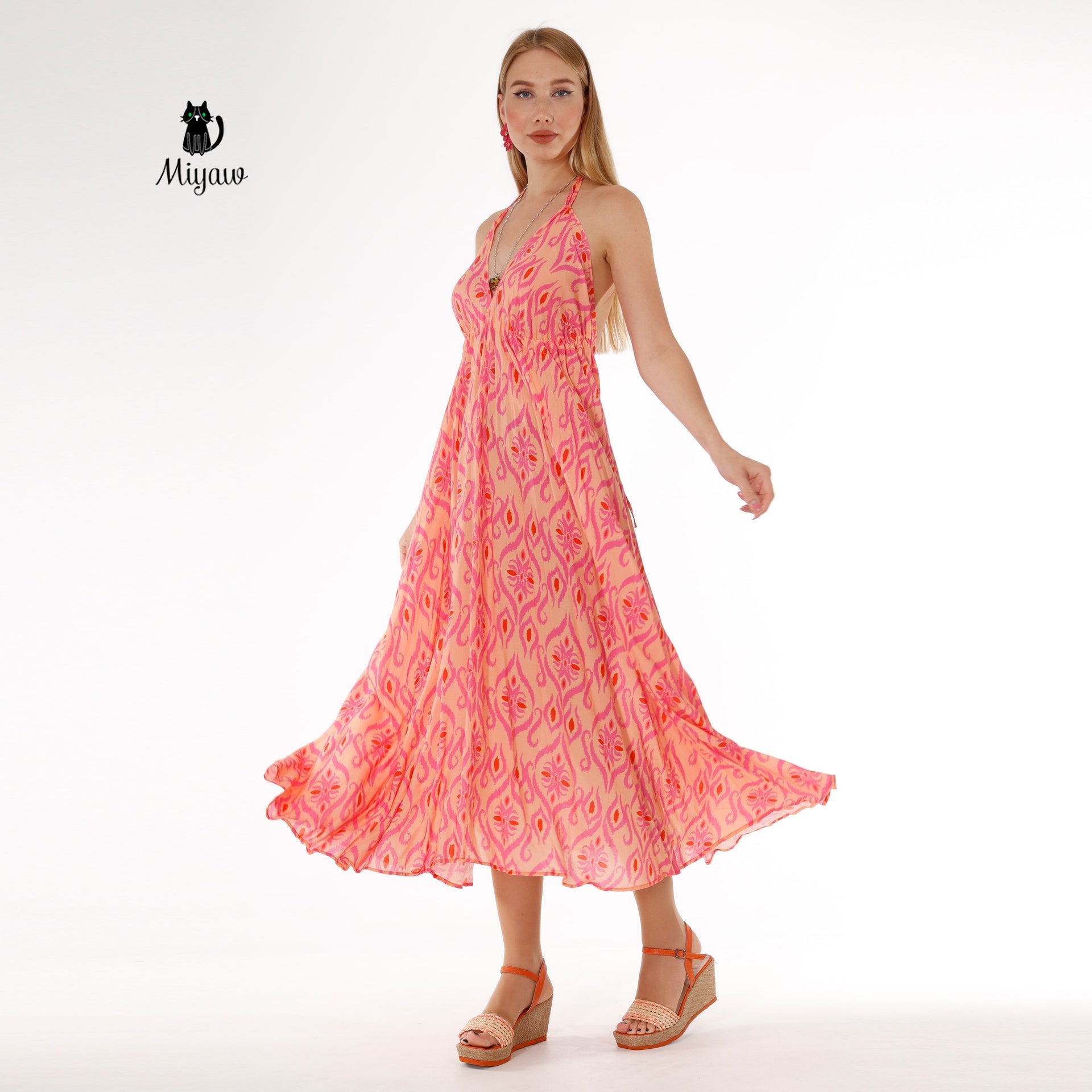 Elegant Orange Maxi Dress, Sleeveless Long Fit & Flare Dress - Miyawfashion