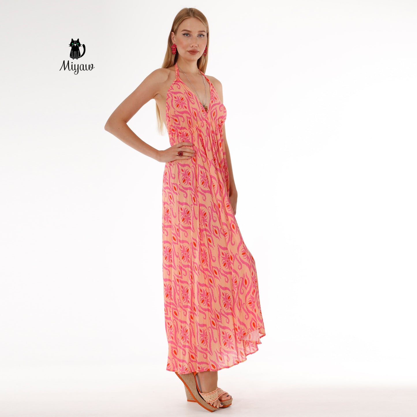 Elegant Orange Maxi Dress, Sleeveless Long Fit & Flare Dress - Miyawfashion Miyawfashion