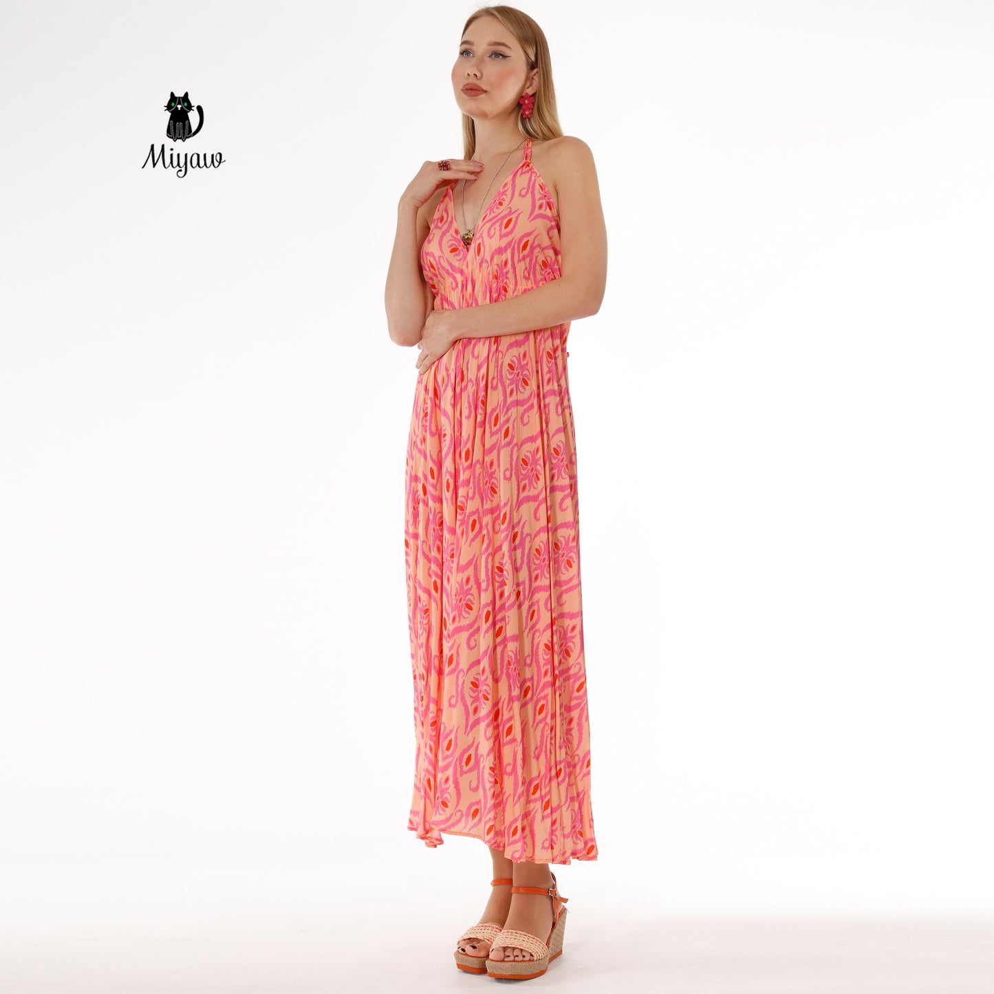 Elegant Orange Maxi Dress, Sleeveless Long Fit & Flare Dress - Miyawfashion Miyawfashion