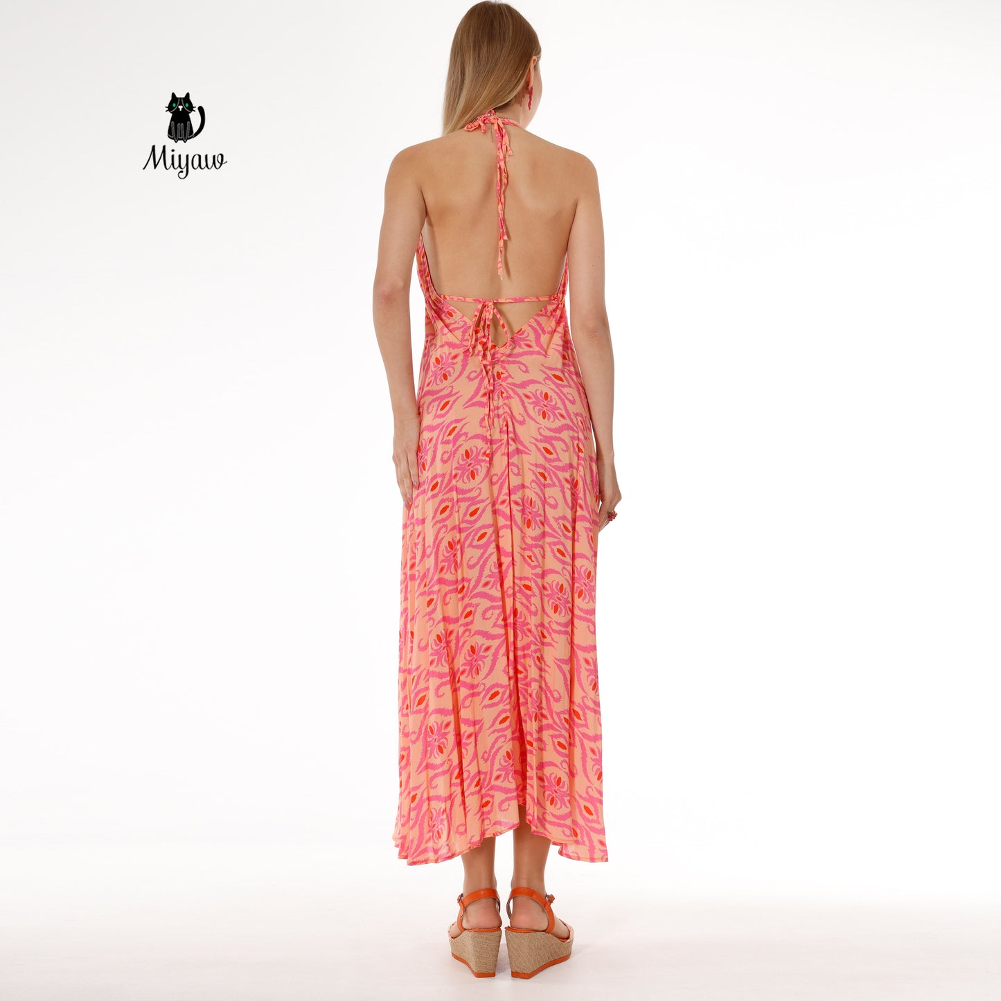 Elegant Orange Maxi Dress, Sleeveless Long Fit & Flare Dress - Miyawfashion Miyawfashion