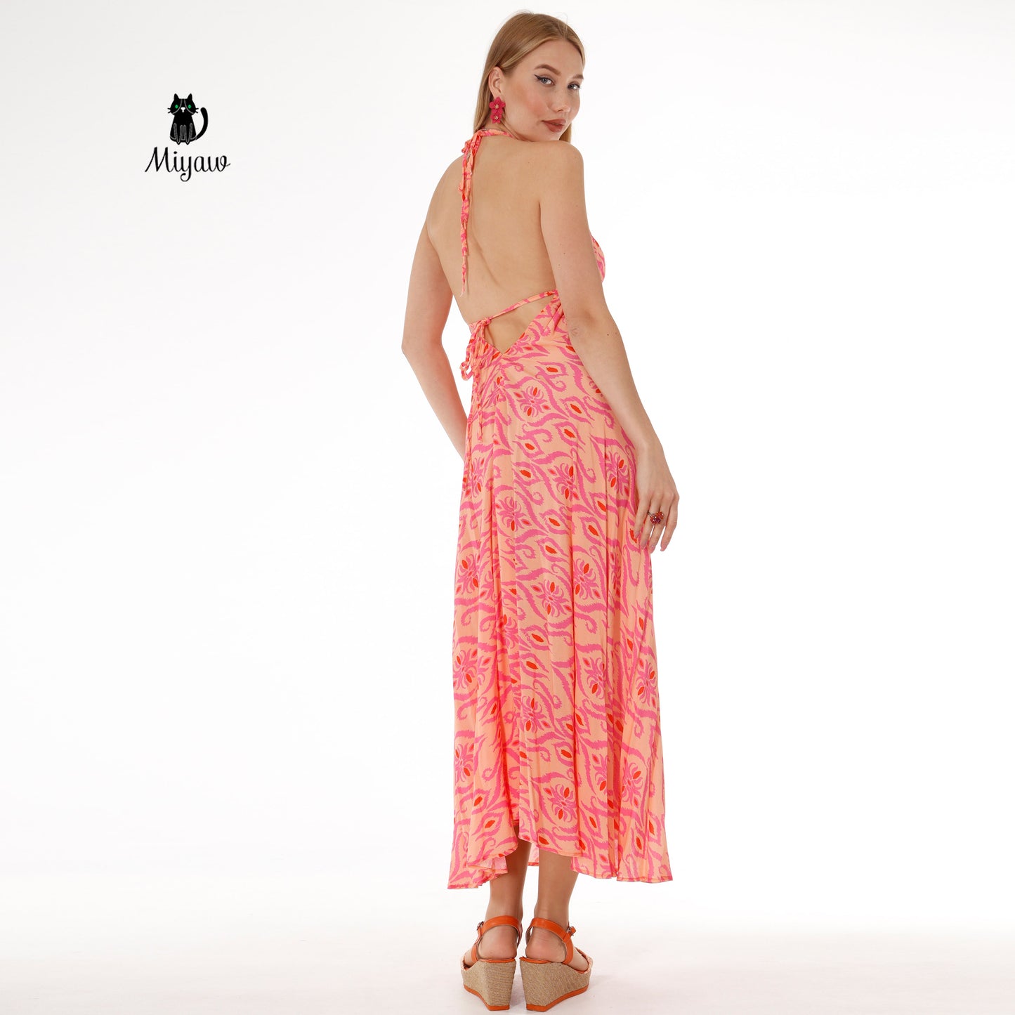 Elegant Orange Maxi Dress, Sleeveless Long Fit & Flare Dress - Miyawfashion Miyawfashion