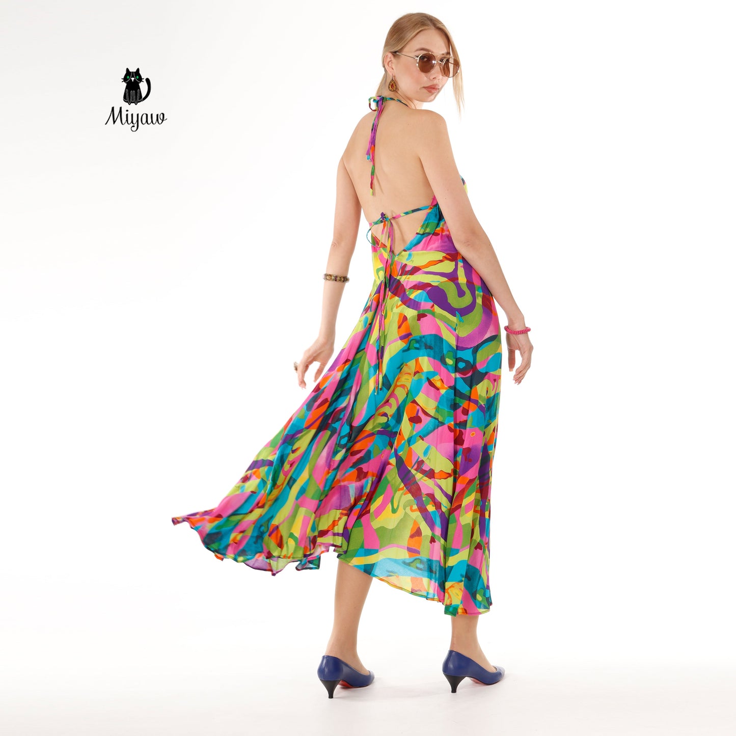 Colorful Sleeveless Maxi Dress with Open Back Detail - Summer Dress - Miyawfashion Miyawfashion