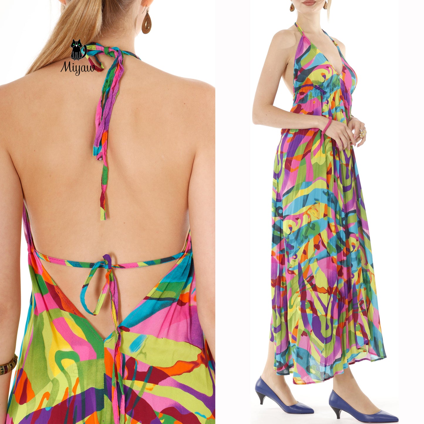 Colorful Sleeveless Maxi Dress with Open Back Detail - Summer Dress - Miyawfashion Miyawfashion