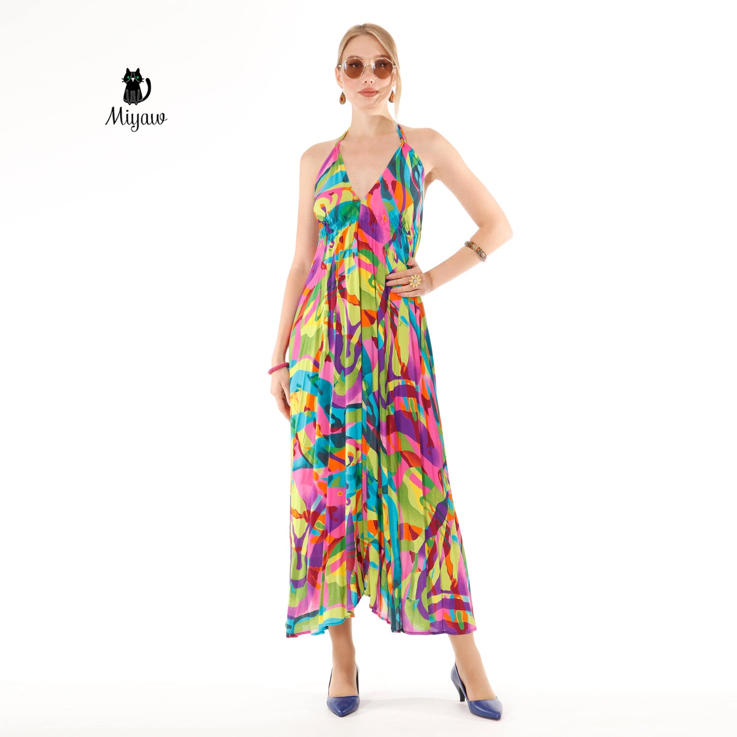 Colorful Sleeveless Maxi Dress with Open Back Detail - Summer Dress - Miyawfashion Miyawfashion