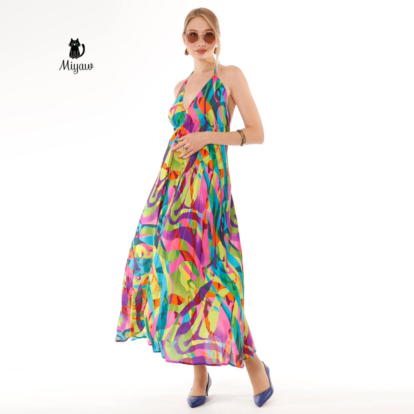 Colorful Sleeveless Maxi Dress with Open Back Detail - Summer Dress - Miyawfashion Miyawfashion