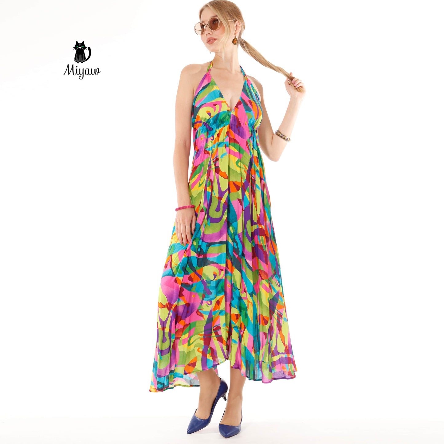 Colorful Sleeveless Maxi Dress with Open Back Detail - Summer Dress - Miyawfashion Miyawfashion