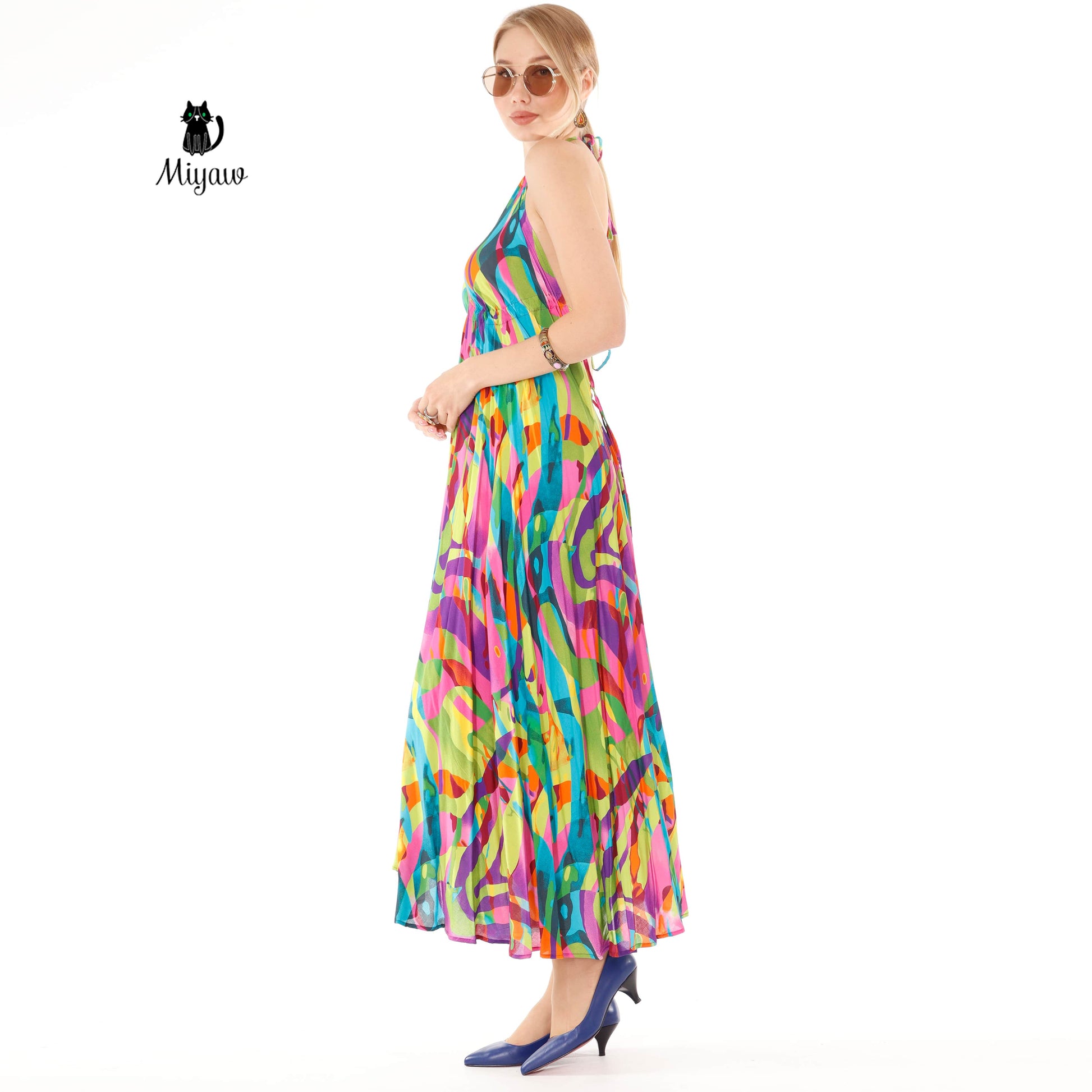 Colorful Sleeveless Maxi Dress with Open Back Detail - Summer Dress - Miyawfashion