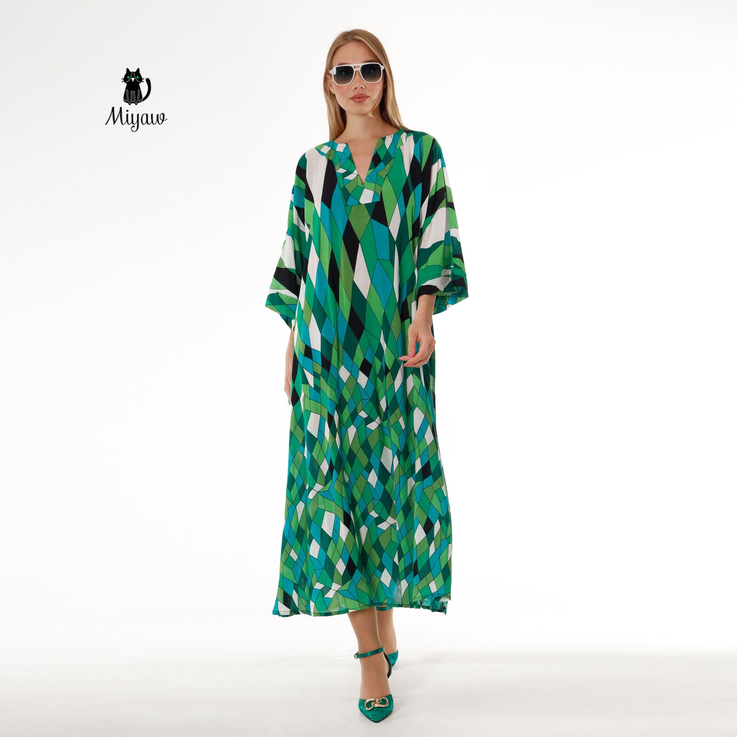 Elegant Green V-Neck Maxi Dress for Modest Women - Miyawfashion Miyawfashion