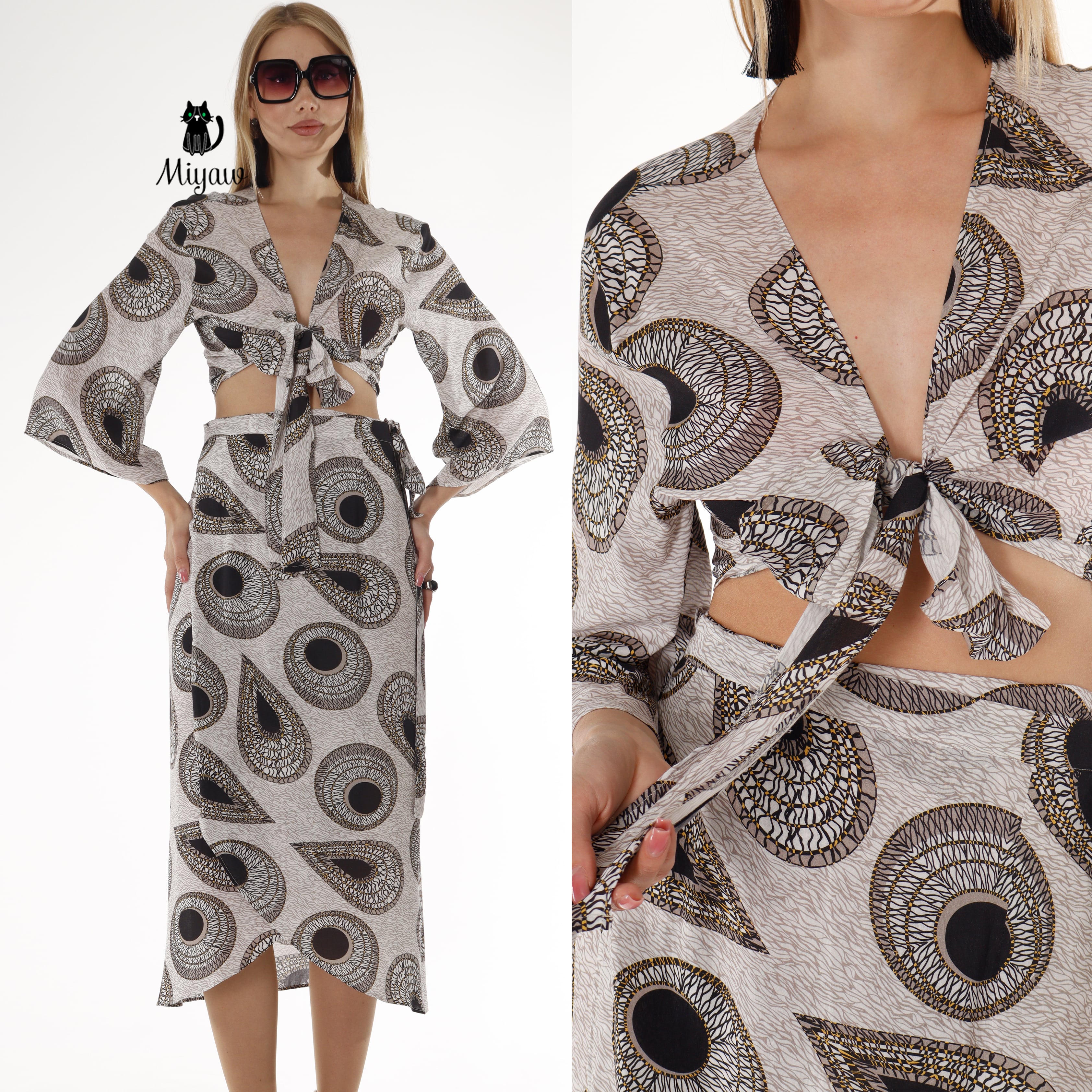 Chic Resort Wear: Black and Gray Crop Top and Skirt Set - Miyawfashion