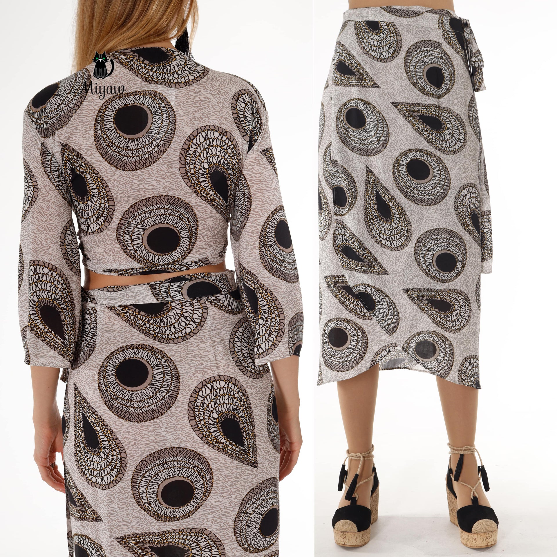 Chic Resort Wear: Black and Gray Crop Top and Skirt Set - Miyawfashion