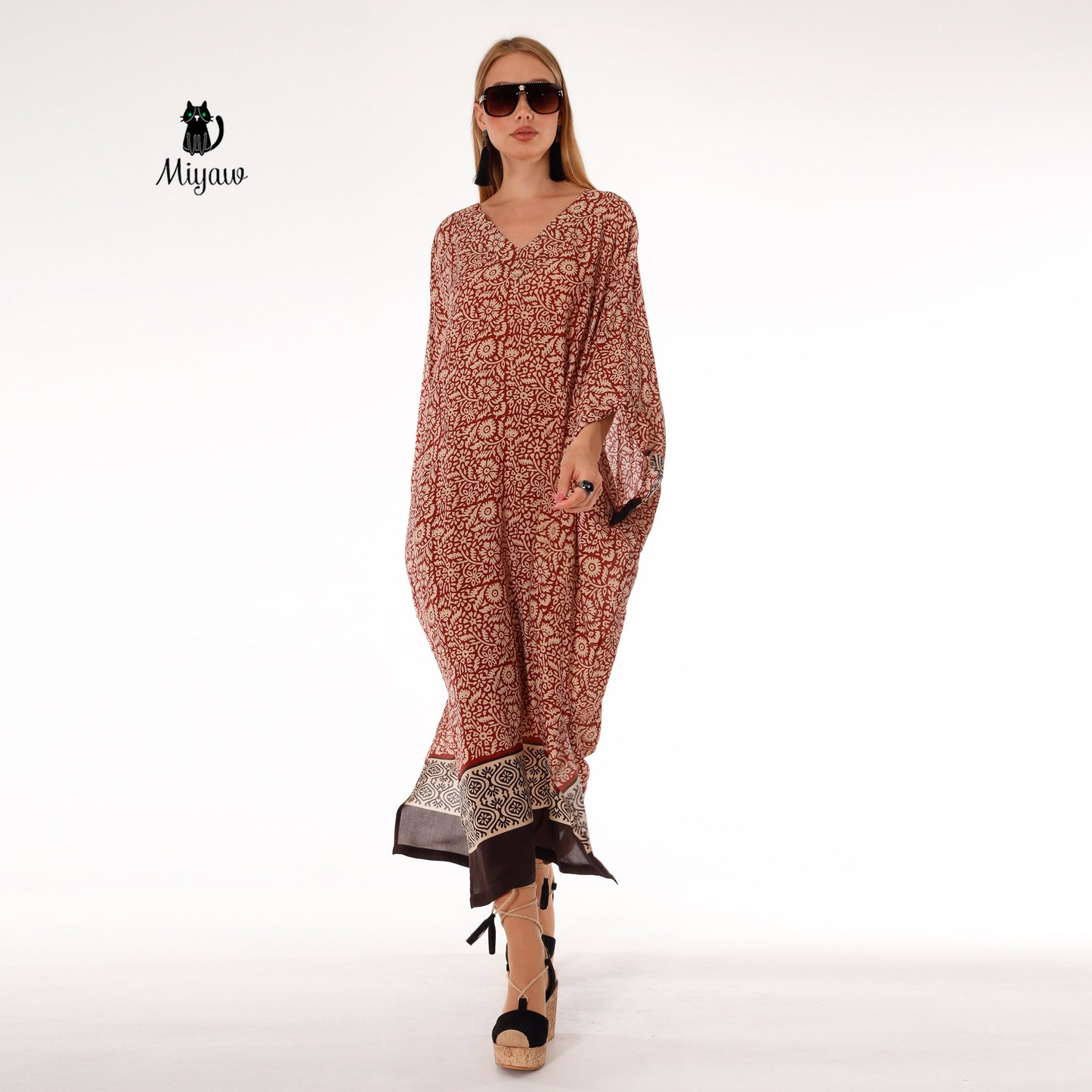 Bat Wing Maxi Dress in Brown, Long Sleeve Flowy Dress - Miyawfashion Miyawfashion