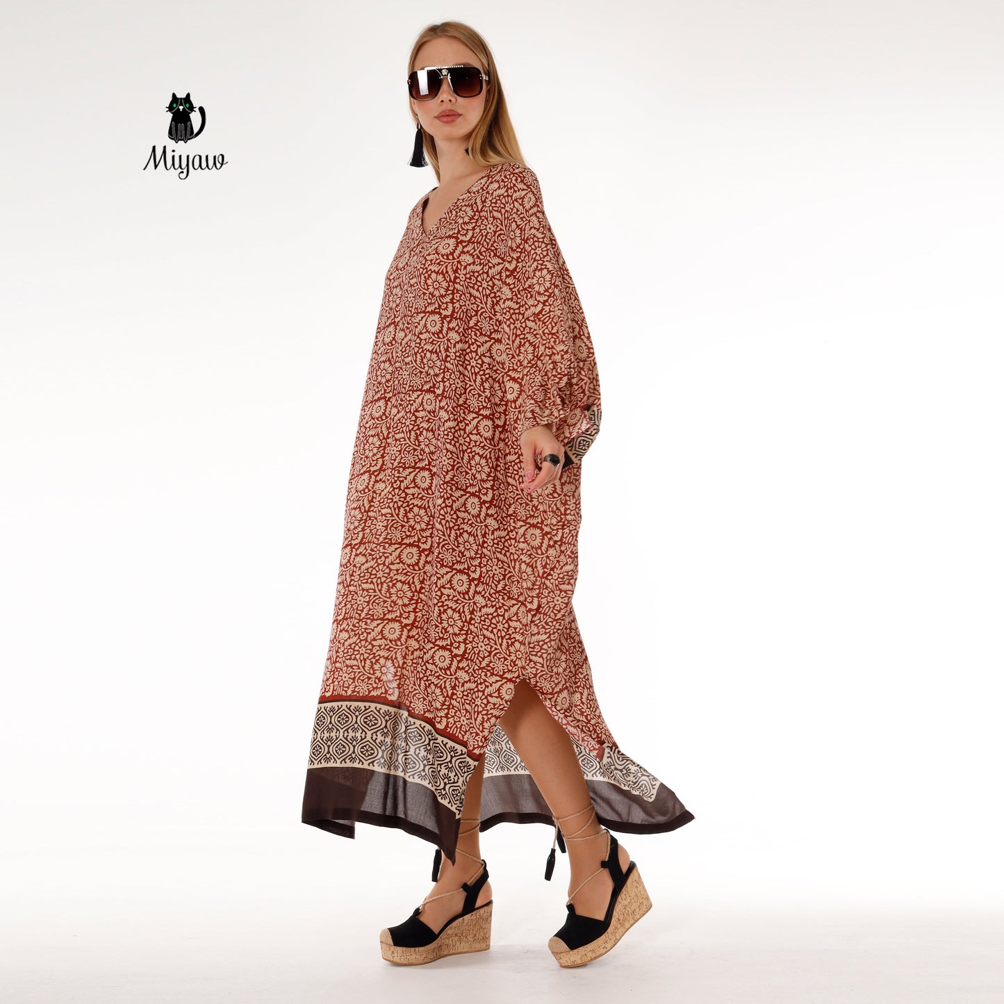 Bat Wing Maxi Dress in Brown, Long Sleeve Flowy Dress - Miyawfashion Miyawfashion