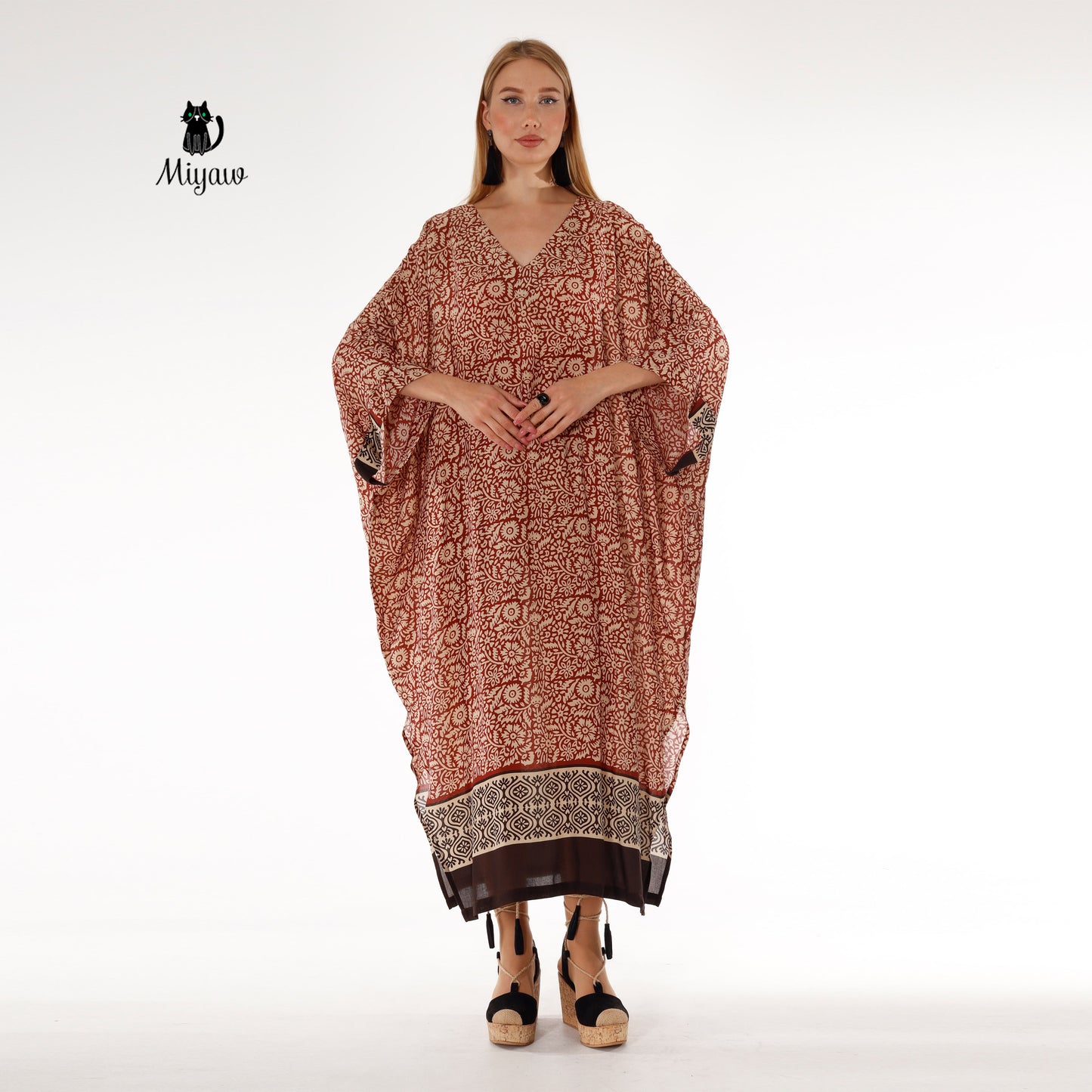 Bat Wing Maxi Dress in Brown, Long Sleeve Flowy Dress - Miyawfashion Miyawfashion