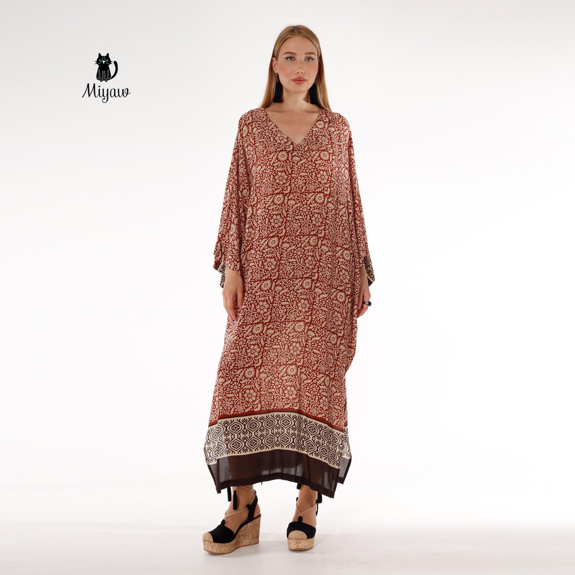 Bat Wing Maxi Dress in Brown, Long Sleeve Flowy Dress - Miyawfashion