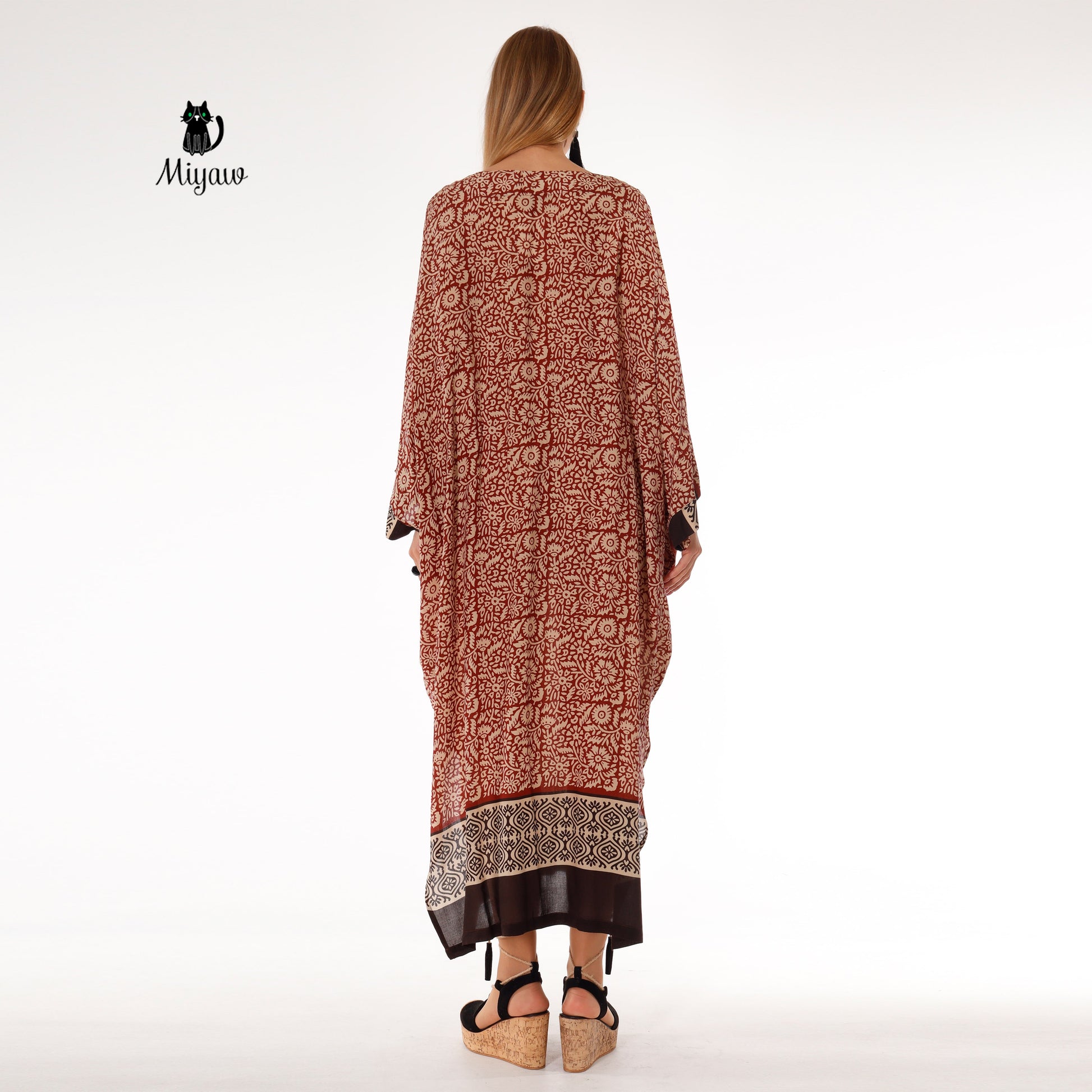 Bat Wing Maxi Dress in Brown, Long Sleeve Flowy Dress - Miyawfashion