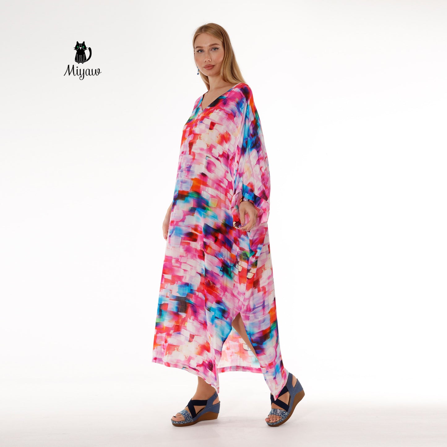 Boho Pink Maxi Dress with Bat Wing Sleeves and V Neck - Chic Style - Miyawfashion Miyawfashion