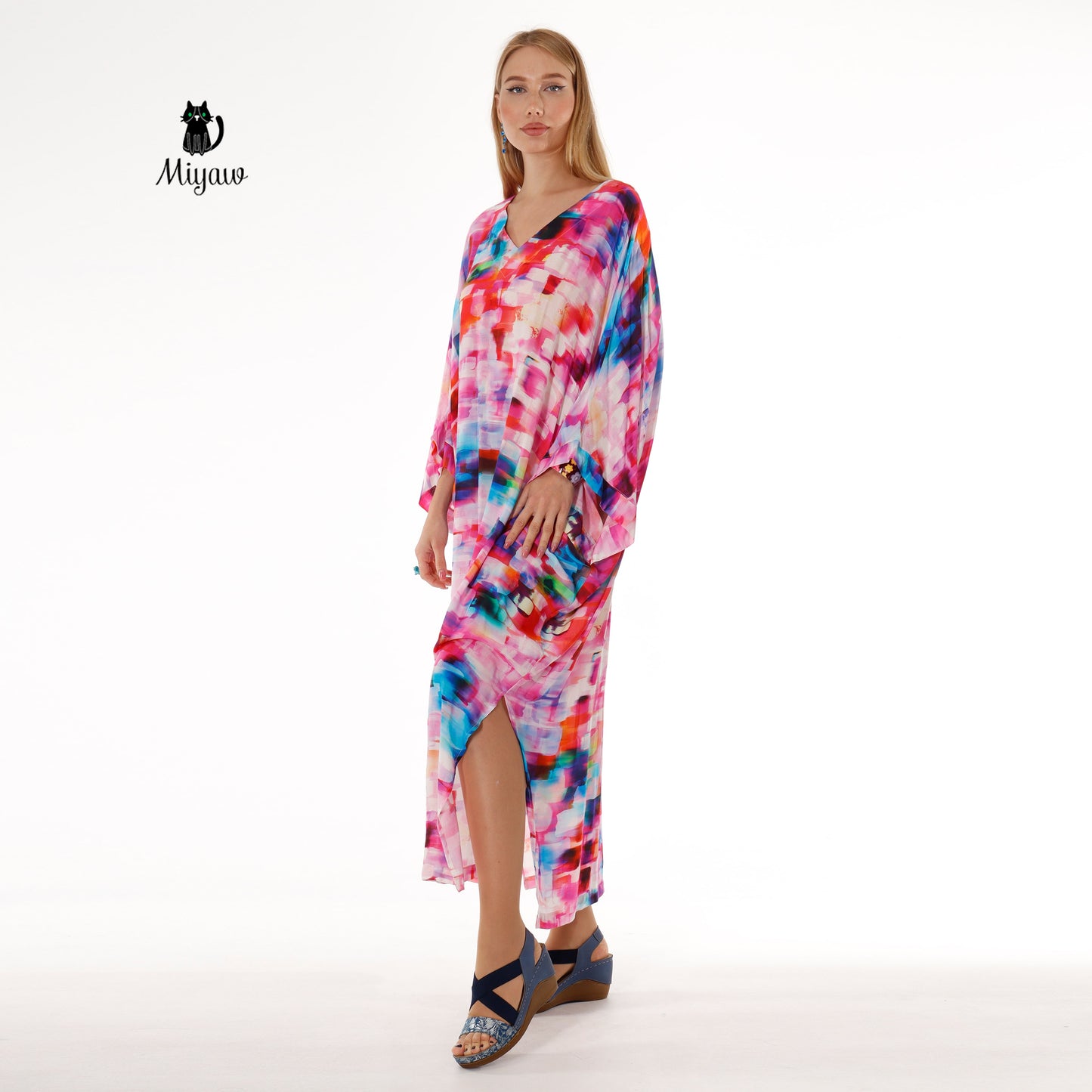 Boho Pink Maxi Dress with Bat Wing Sleeves and V Neck - Chic Style - Miyawfashion Miyawfashion