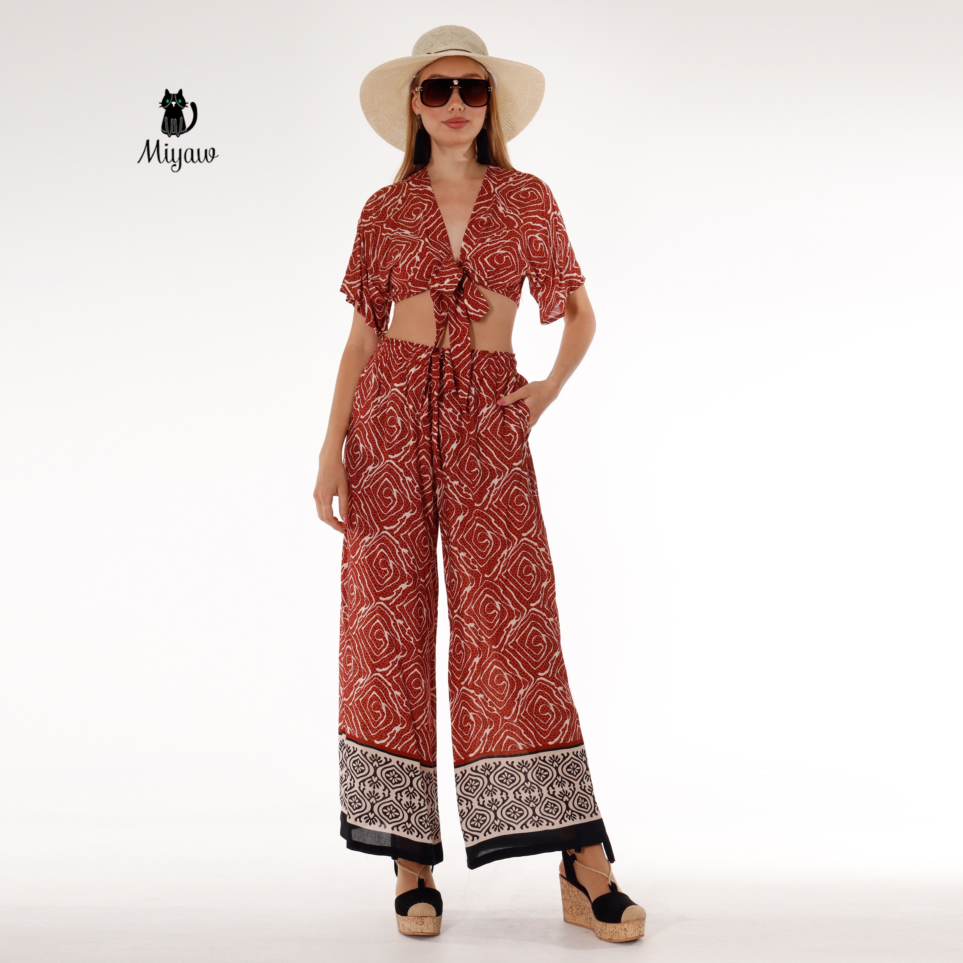 Resort Ready Boho Brown Crop Top and Wide Leg Pant Set - Vacation Chic - Miyawfashion