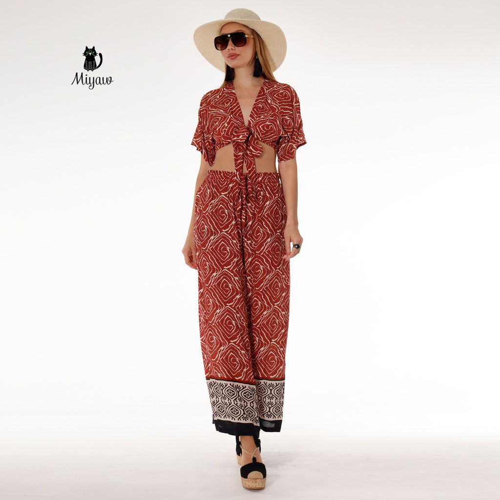Resort Ready Boho Brown Crop Top and Wide Leg Pant Set - Vacation Chic - Miyawfashion