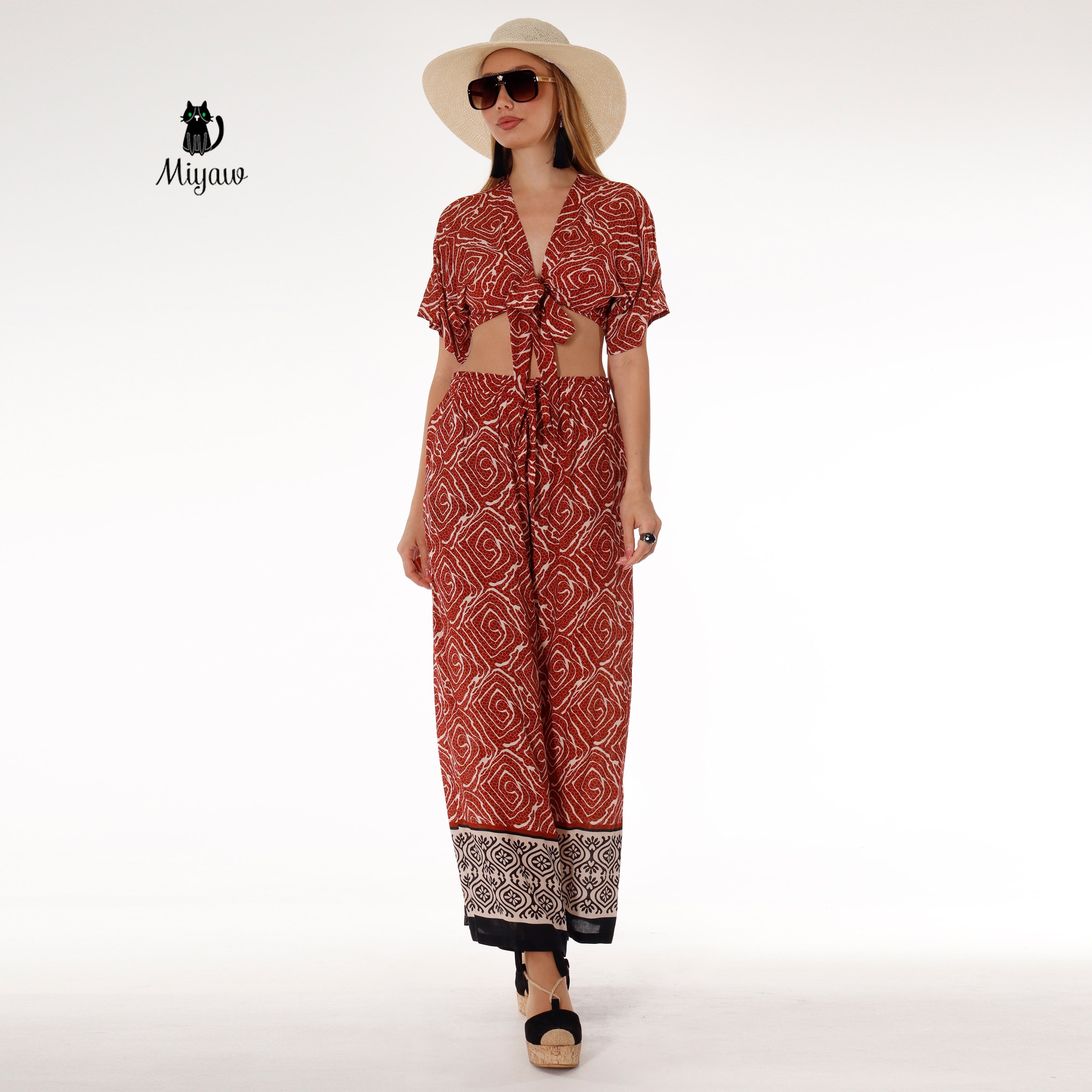 Resort Ready Boho Brown Crop Top and Wide Leg Pant Set - Vacation Chic - Miyawfashion