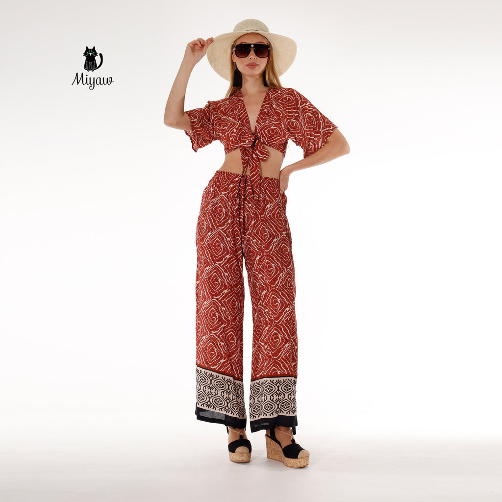 Resort Ready Boho Brown Crop Top and Wide Leg Pant Set - Vacation Chic - Miyawfashion