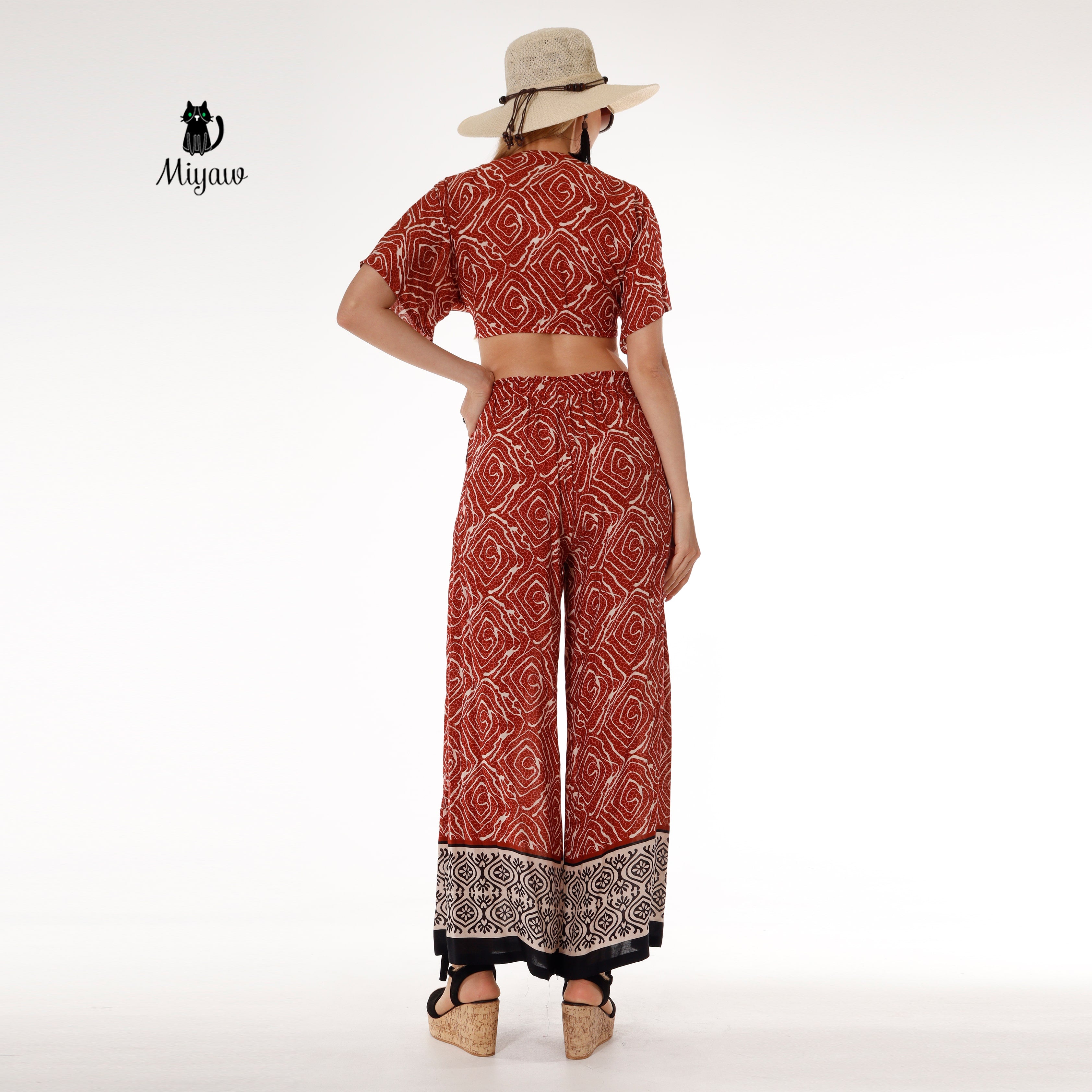 Resort Ready Boho Brown Crop Top and Wide Leg Pant Set - Vacation Chic - Miyawfashion