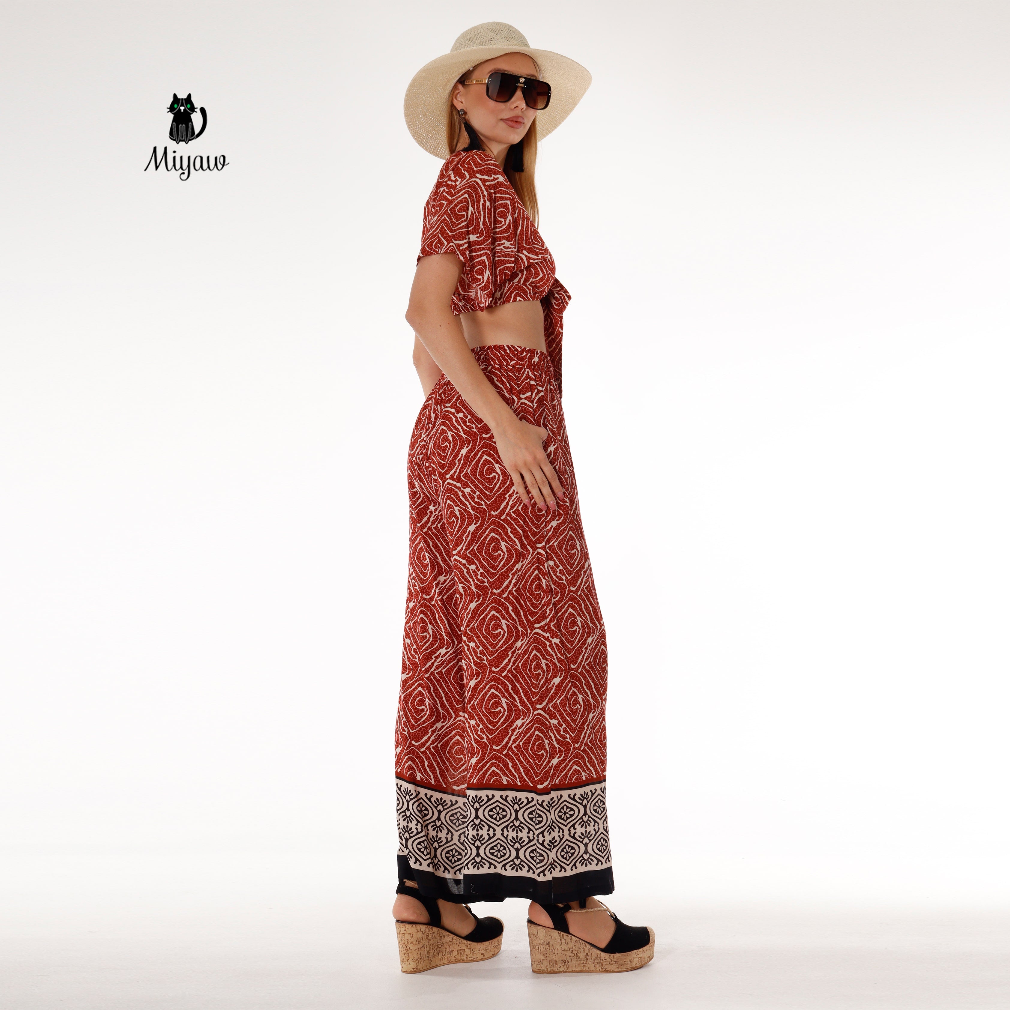 Resort Ready Boho Brown Crop Top and Wide Leg Pant Set - Vacation Chic - Miyawfashion