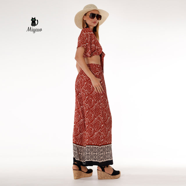 Resort Ready Boho Brown Crop Top and Wide Leg Pant Set - Vacation Chic - Miyawfashion